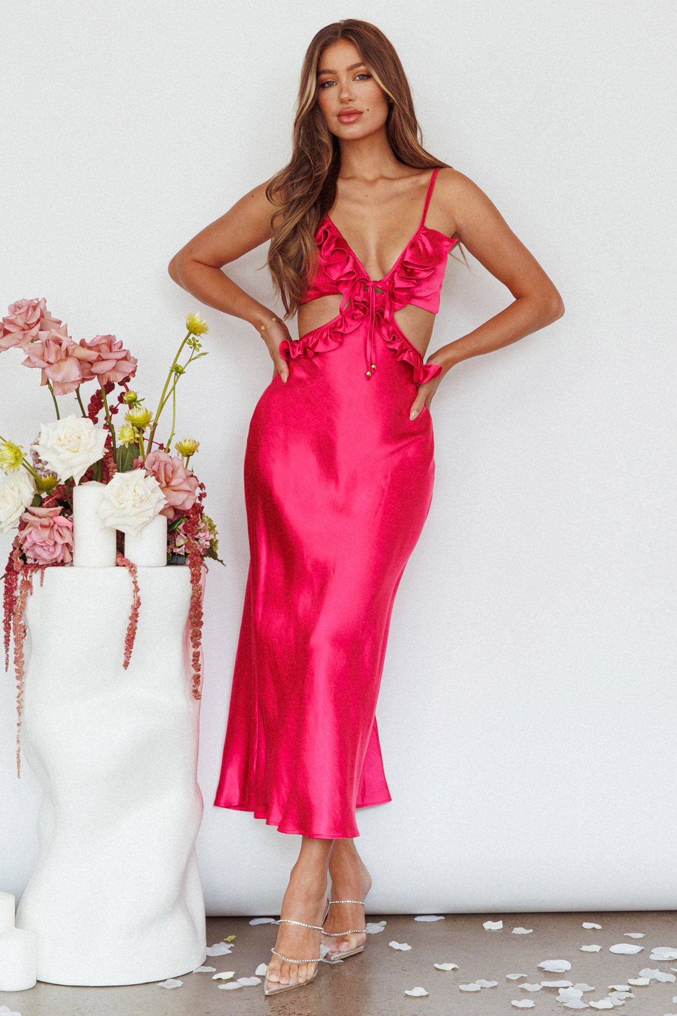 Stole My Heart Frill Trim Maxi Dress Hot Pink-Maymioy