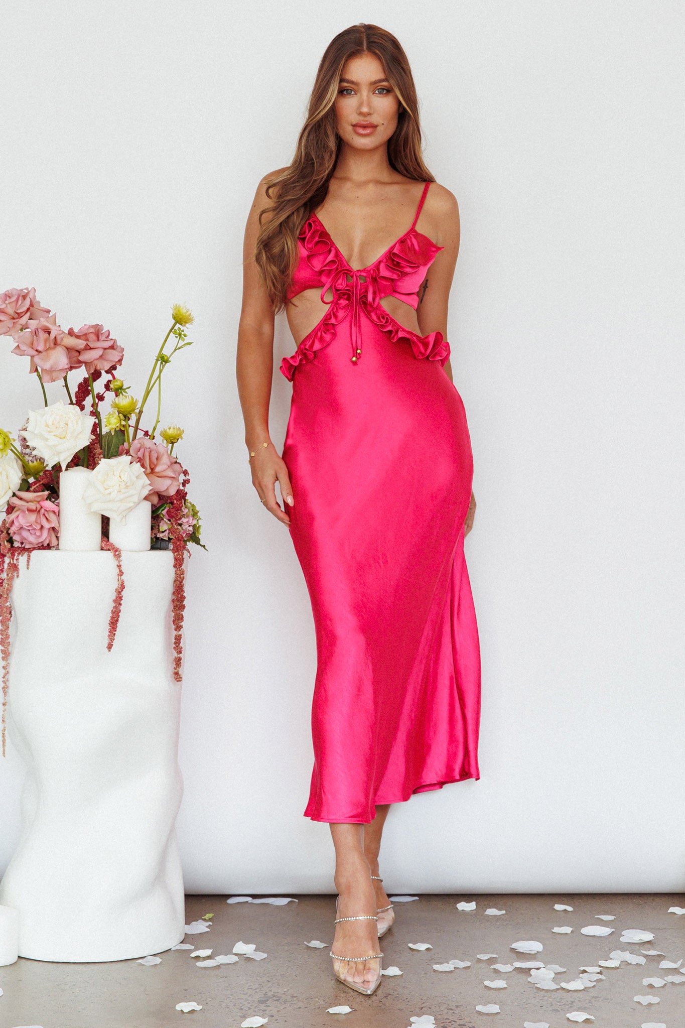 Stole My Heart Frill Trim Maxi Dress Hot Pink-Maymioy