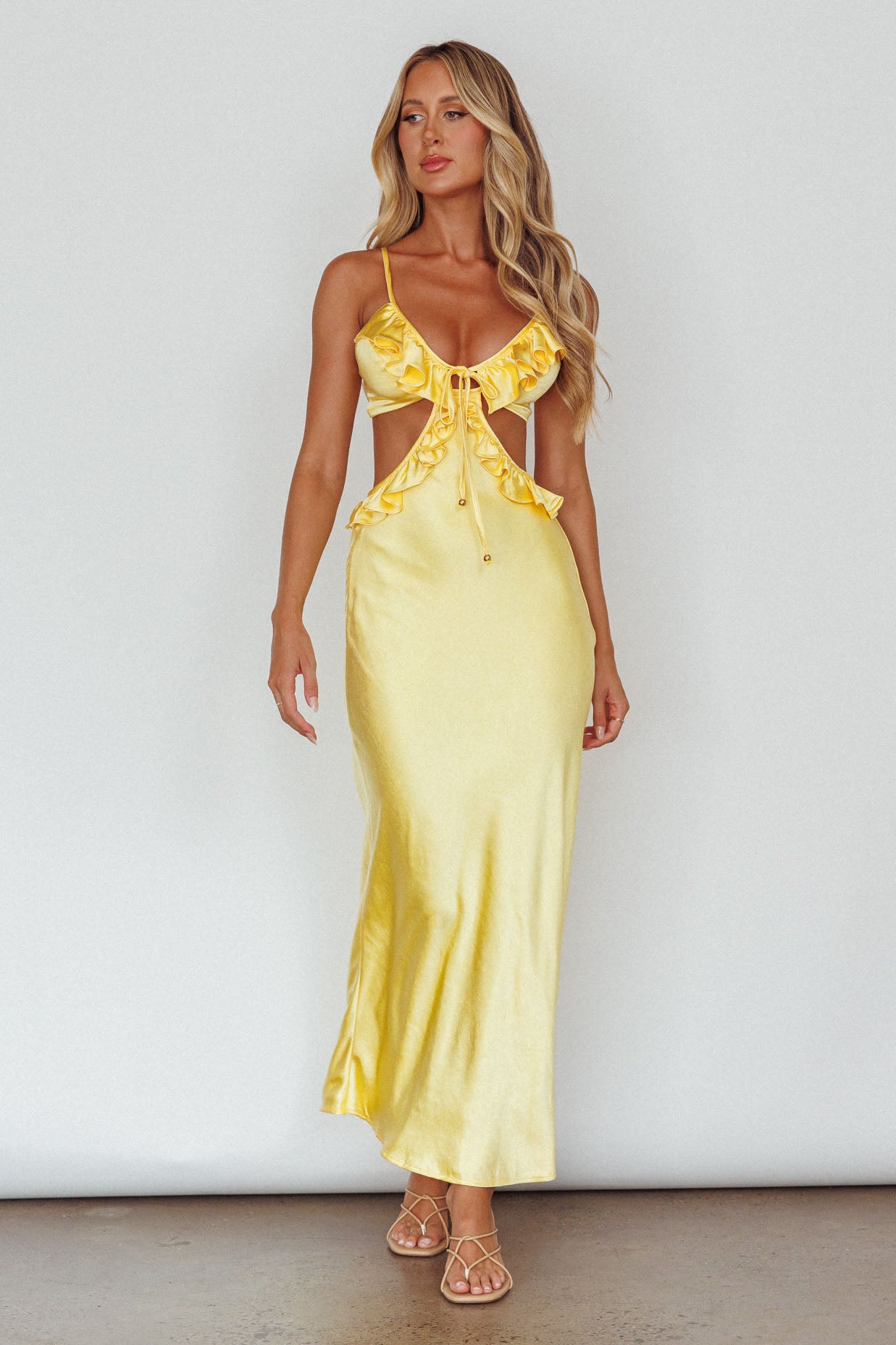 Stole My Heart Frill Trim Maxi Dress Yellow-Maymioy