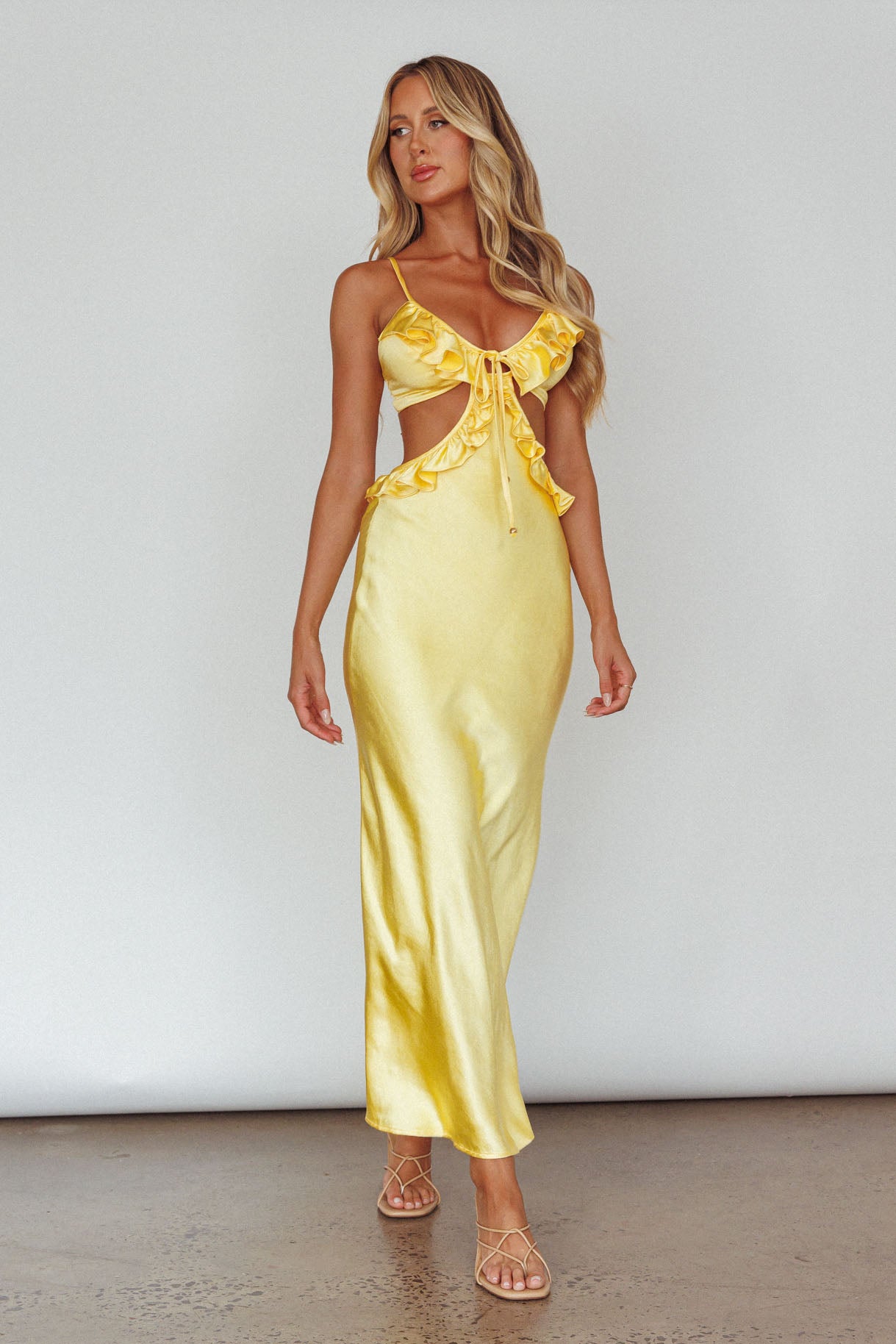 Stole My Heart Frill Trim Maxi Dress Yellow-Maymioy