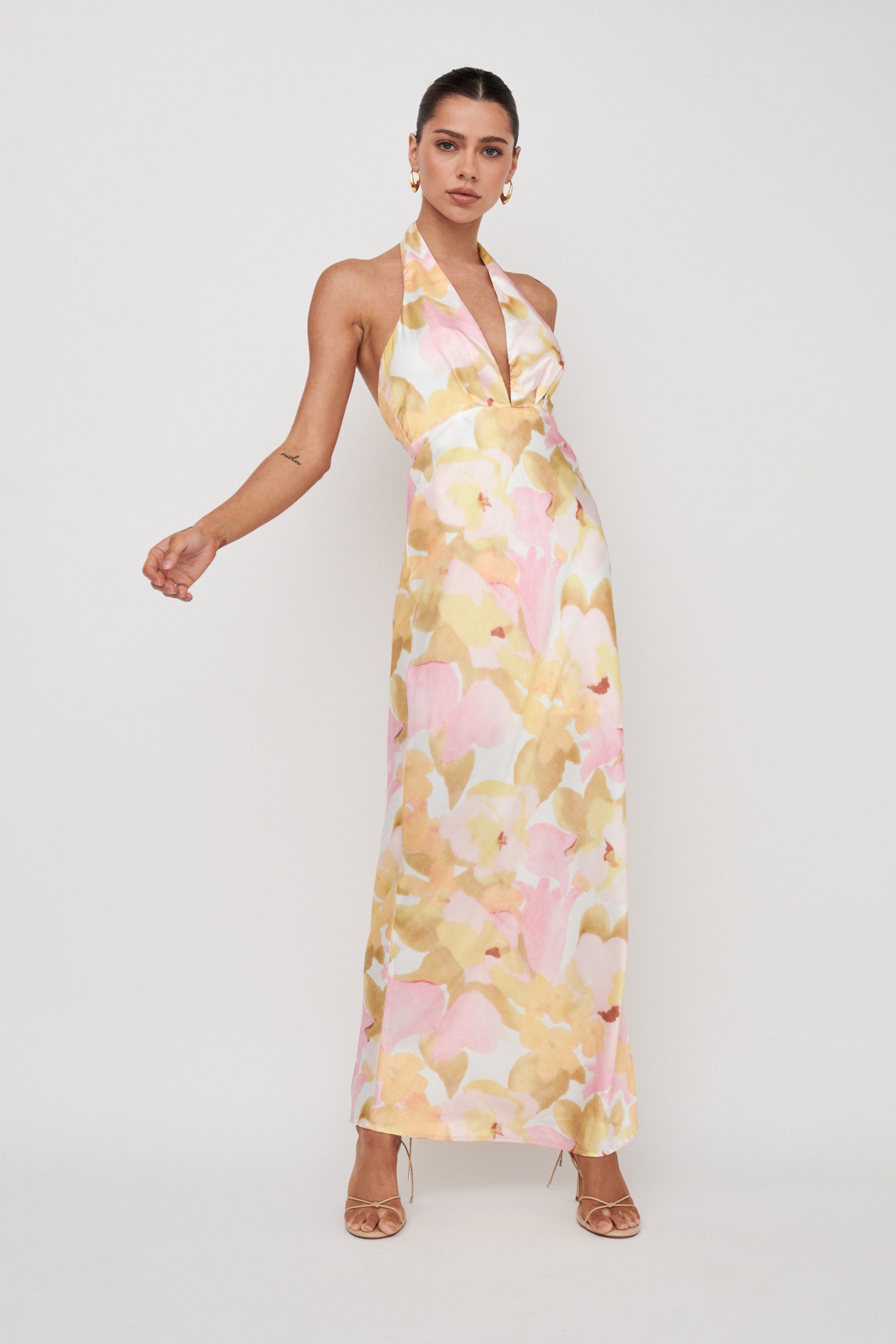 Of Your Dreams Plunging Halter Dress Floral Pink-Maymioy