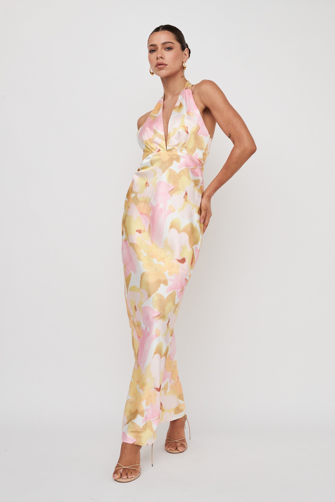 Of Your Dreams Plunging Halter Dress Floral Pink-Maymioy