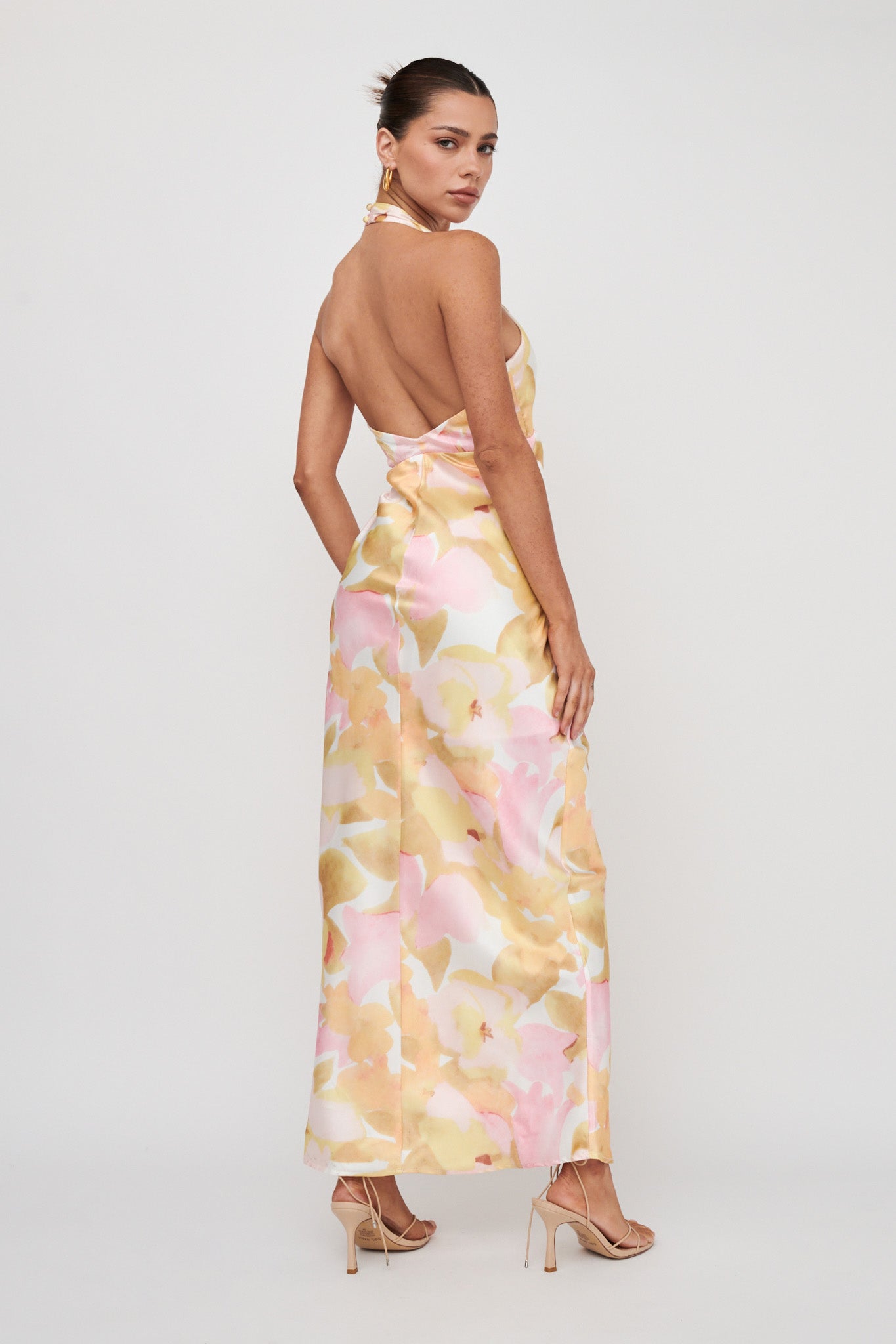 Of Your Dreams Plunging Halter Dress Floral Pink-Maymioy