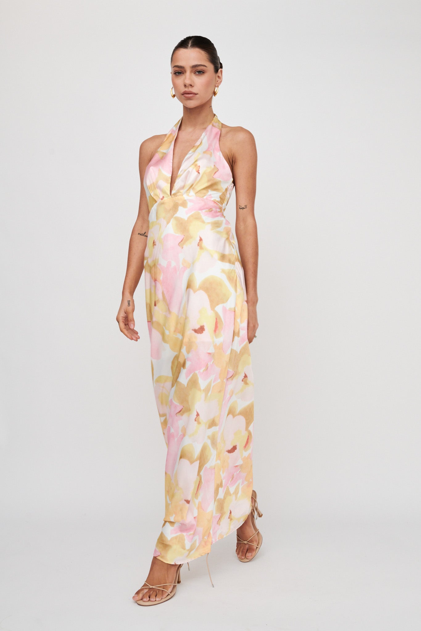 Of Your Dreams Plunging Halter Dress Floral Pink-Maymioy