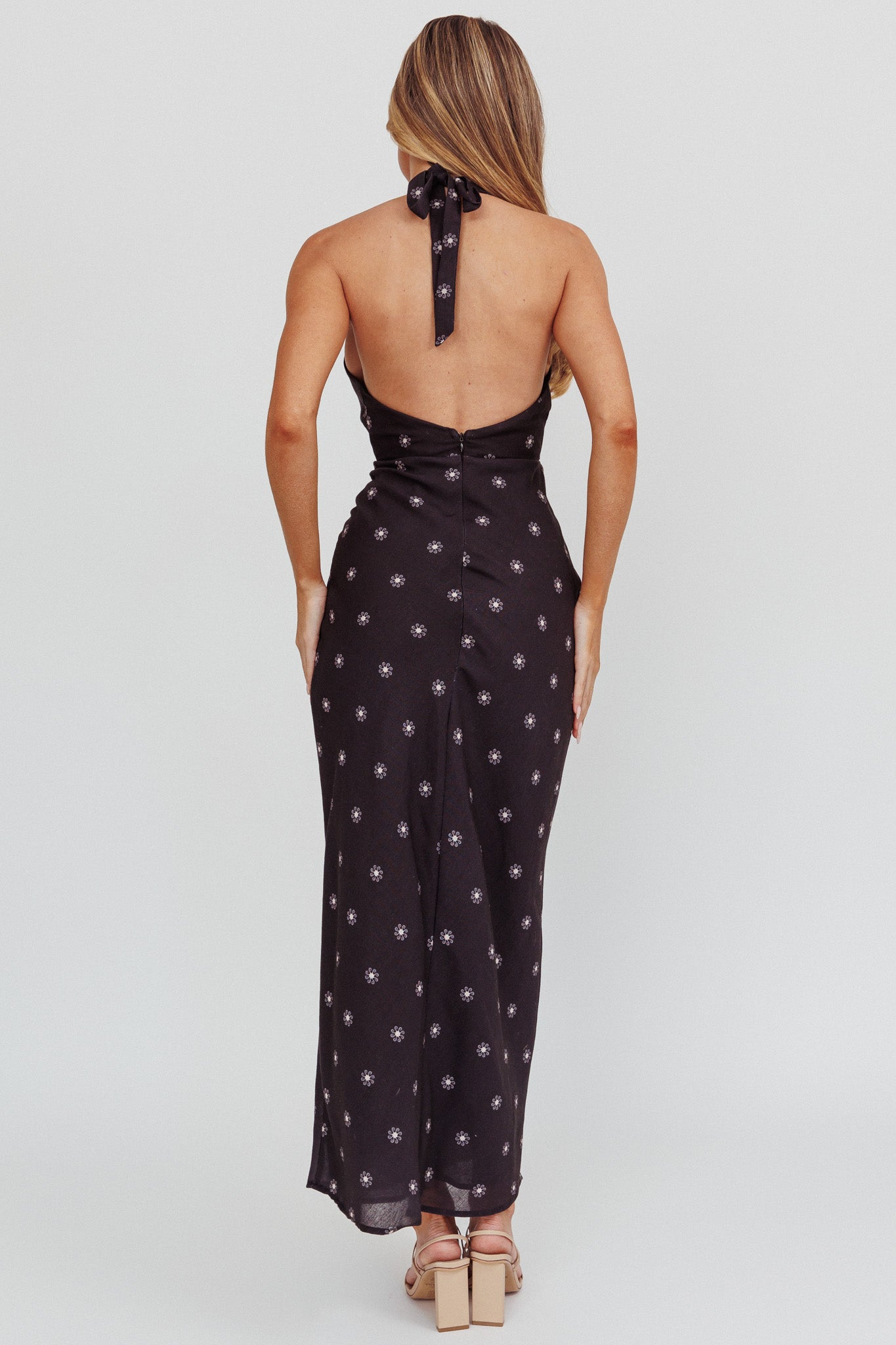 Of Your Dreams Plunging Halter Dress Black-Maymioy