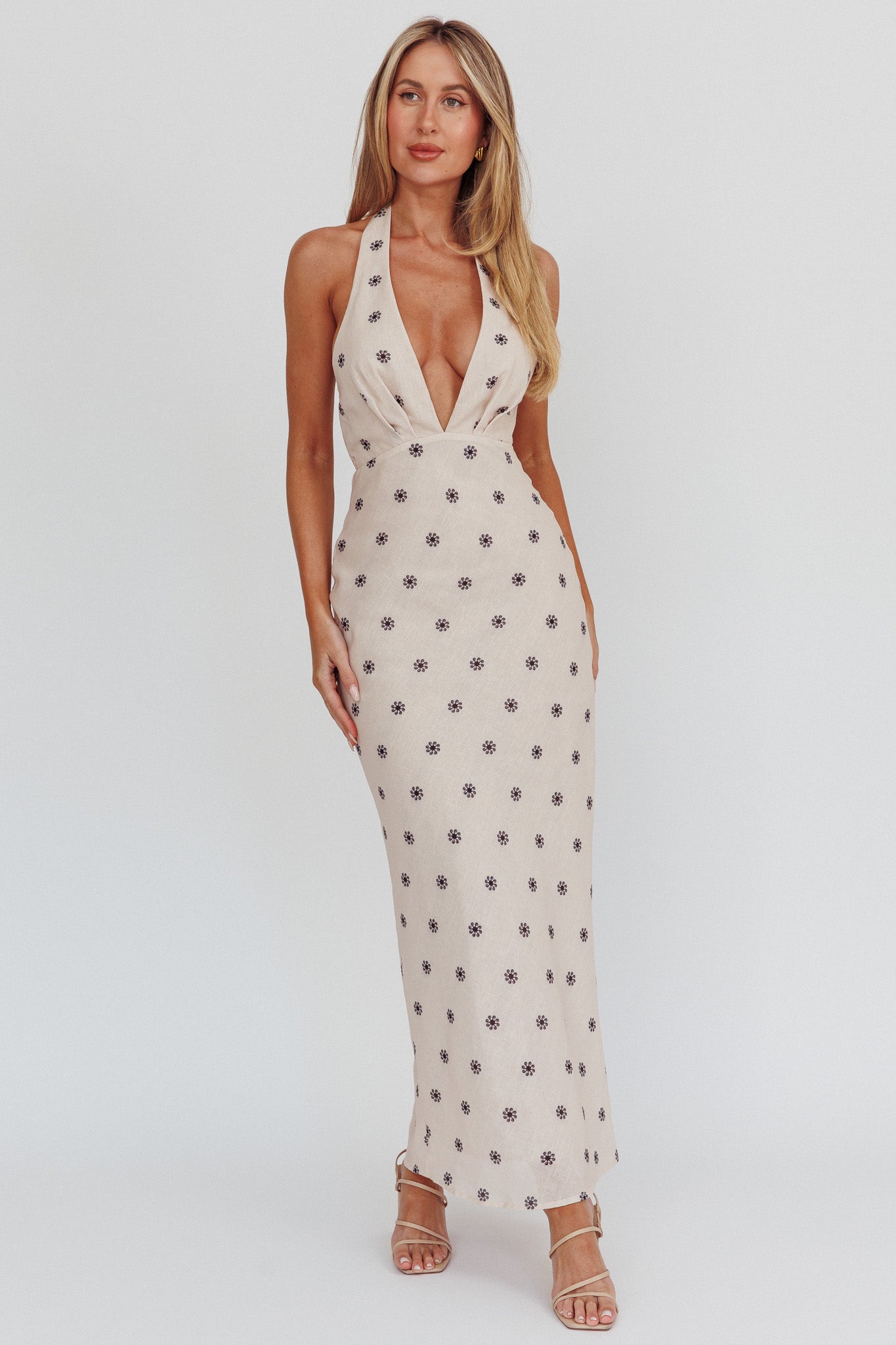 Of Your Dreams Plunging Halter Dress Oat-Maymioy