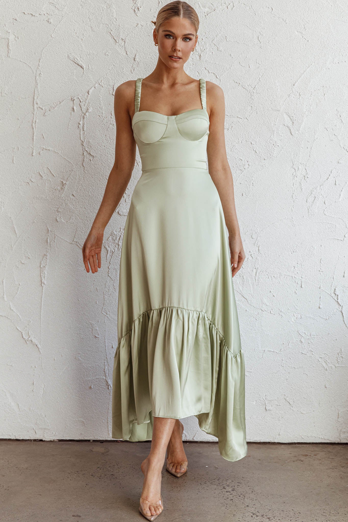 Belle De Jour Flounce Hem Midi Dress Pistachio-Maymioy