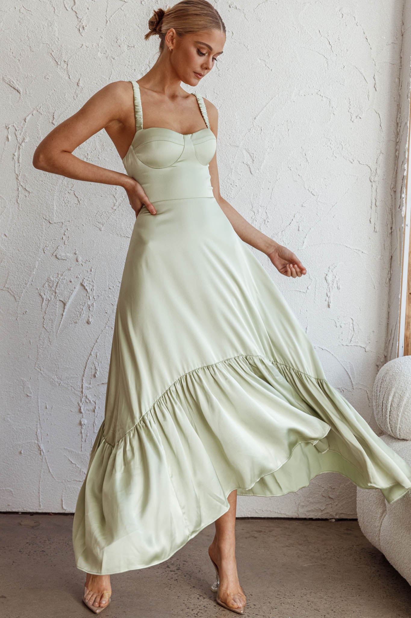 Belle De Jour Flounce Hem Midi Dress Pistachio-Maymioy