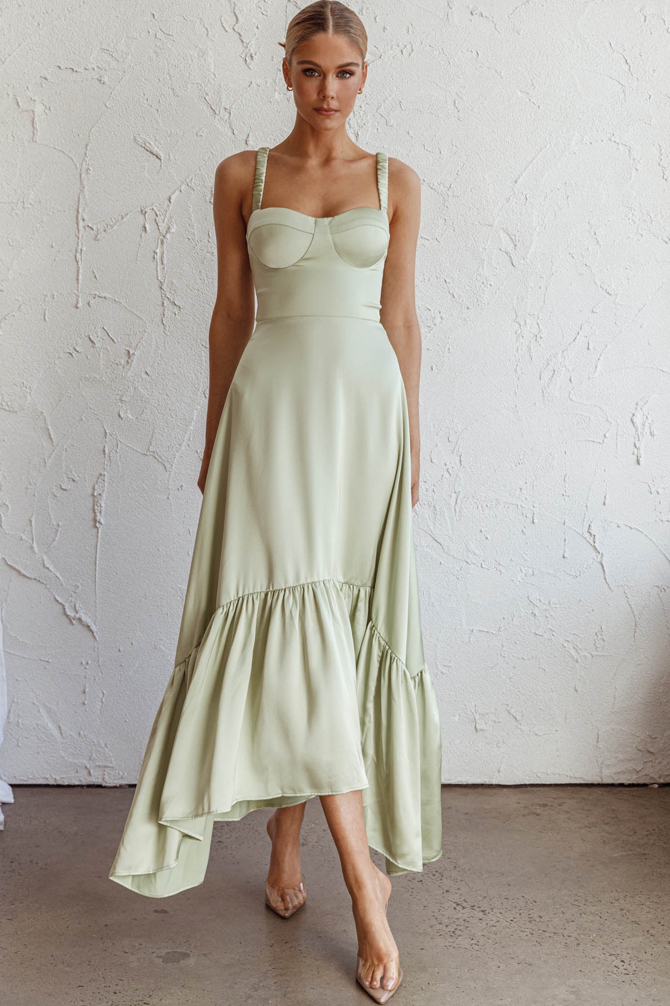 Belle De Jour Flounce Hem Midi Dress Pistachio-Maymioy