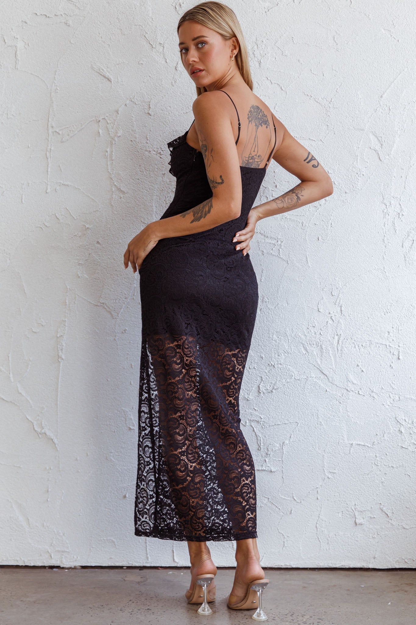 Evaleigh Frill Trim Lace Midi Dress Black-Maymioy
