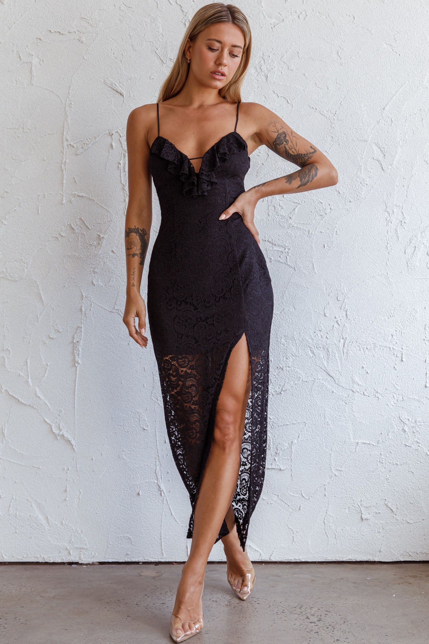 Evaleigh Frill Trim Lace Midi Dress Black-Maymioy