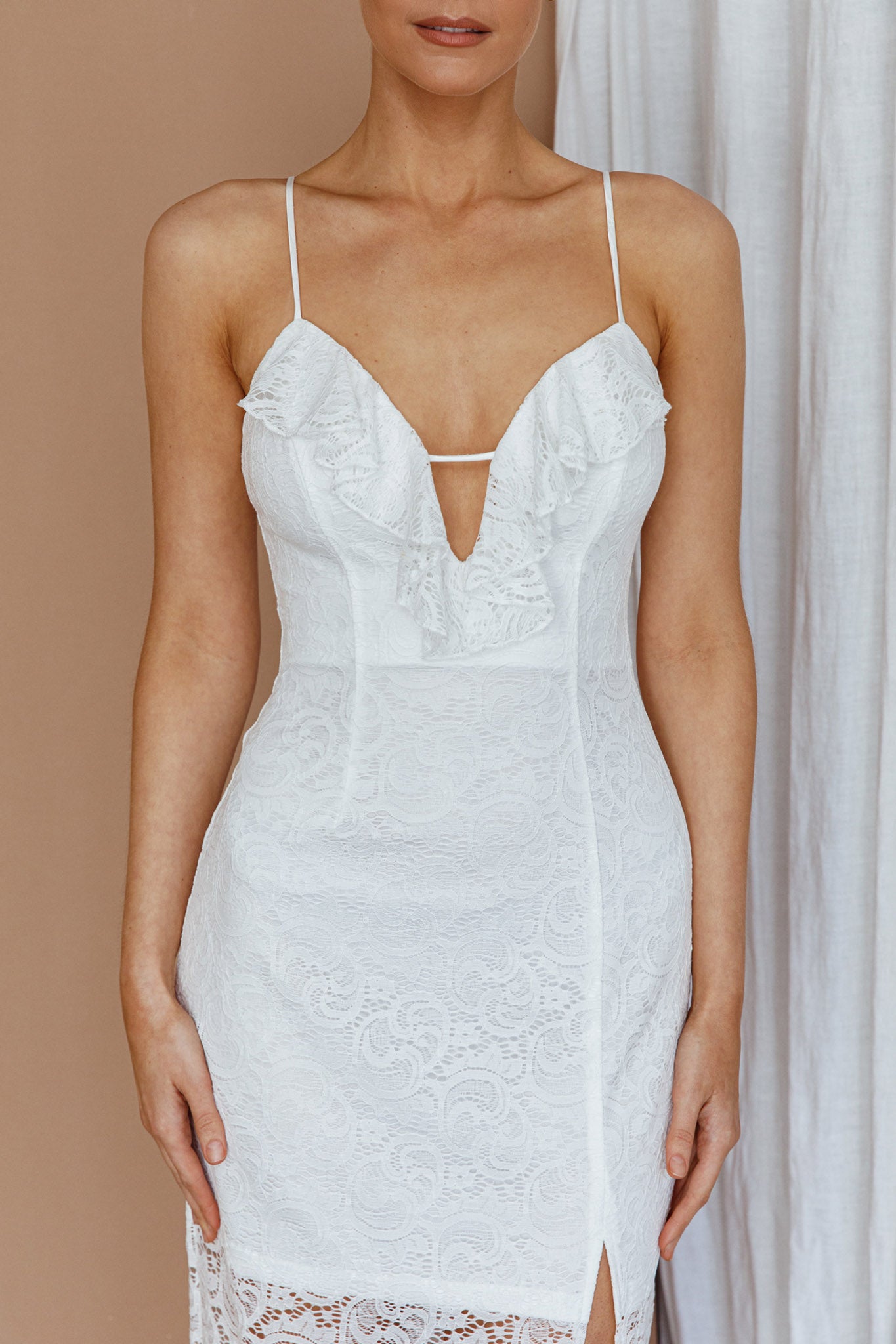 Evaleigh Frill Trim Lace Midi Dress White-Maymioy