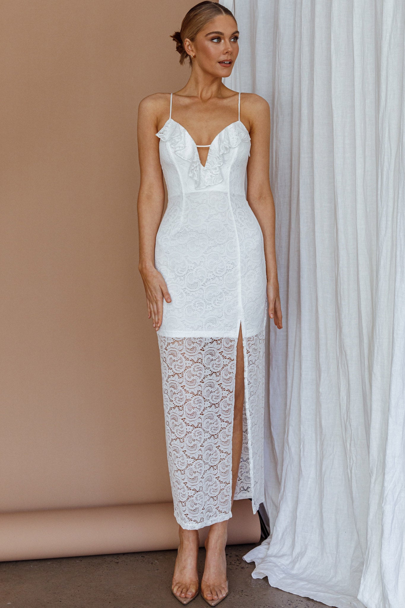 Evaleigh Frill Trim Lace Midi Dress White-Maymioy