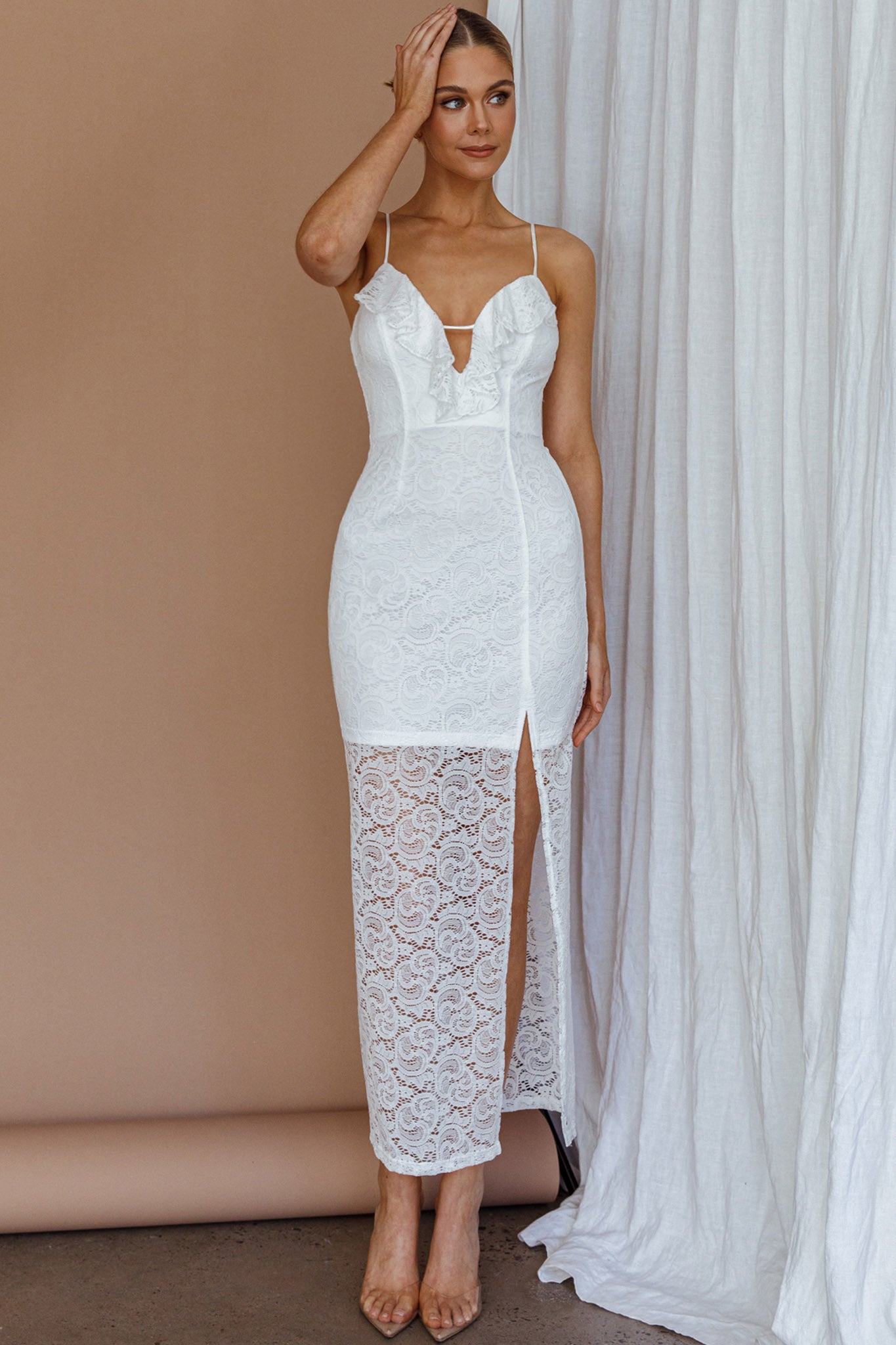 Evaleigh Frill Trim Lace Midi Dress White-Maymioy