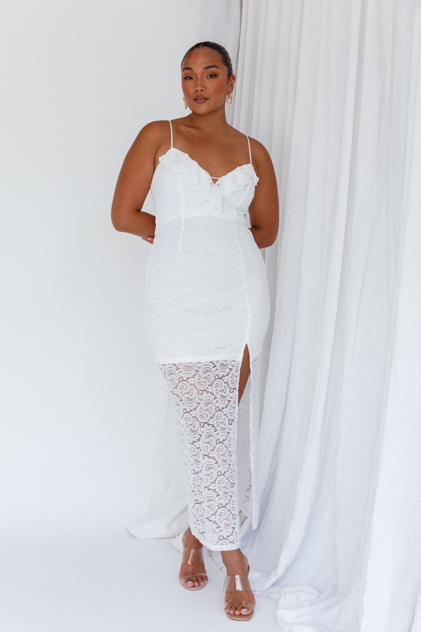 Evaleigh Frill Trim Lace Midi Dress White-Maymioy