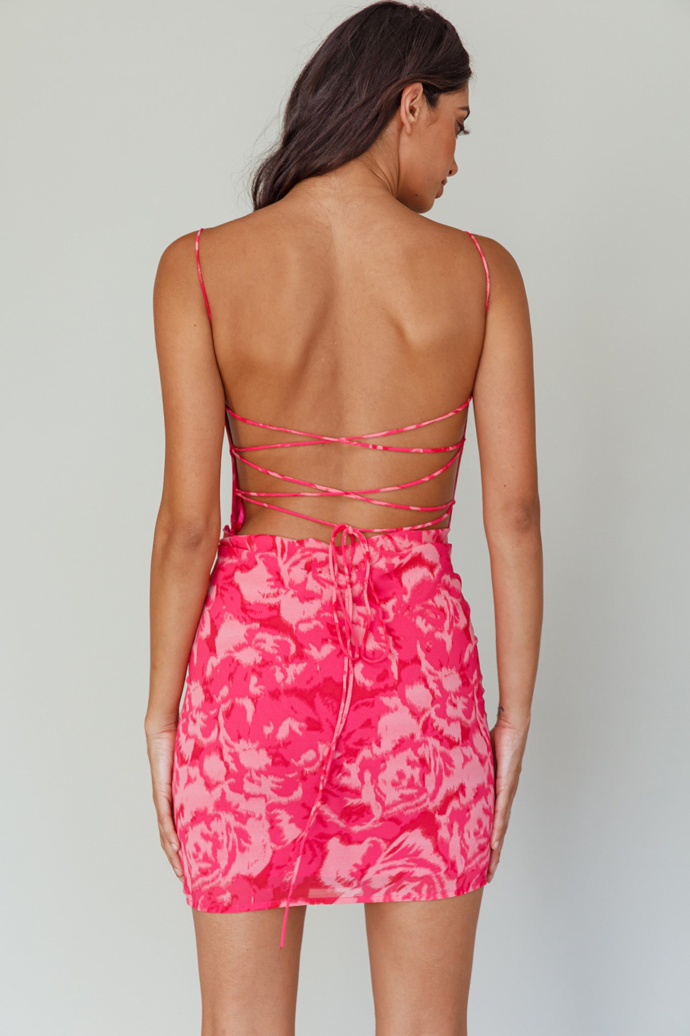 Spring Fever Lace-Up Back Mini Dress Floral Pink-Maymioy
