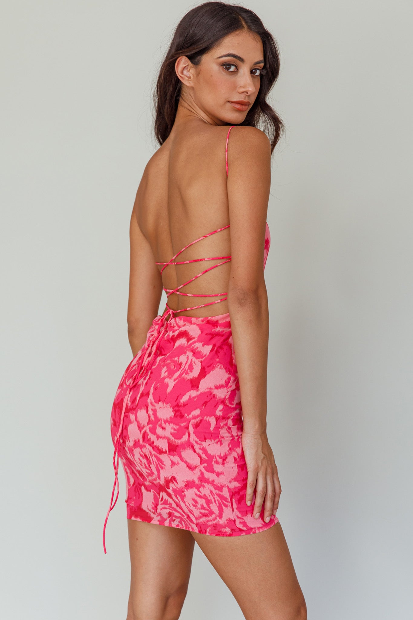 Spring Fever Lace-Up Back Mini Dress Floral Pink-Maymioy