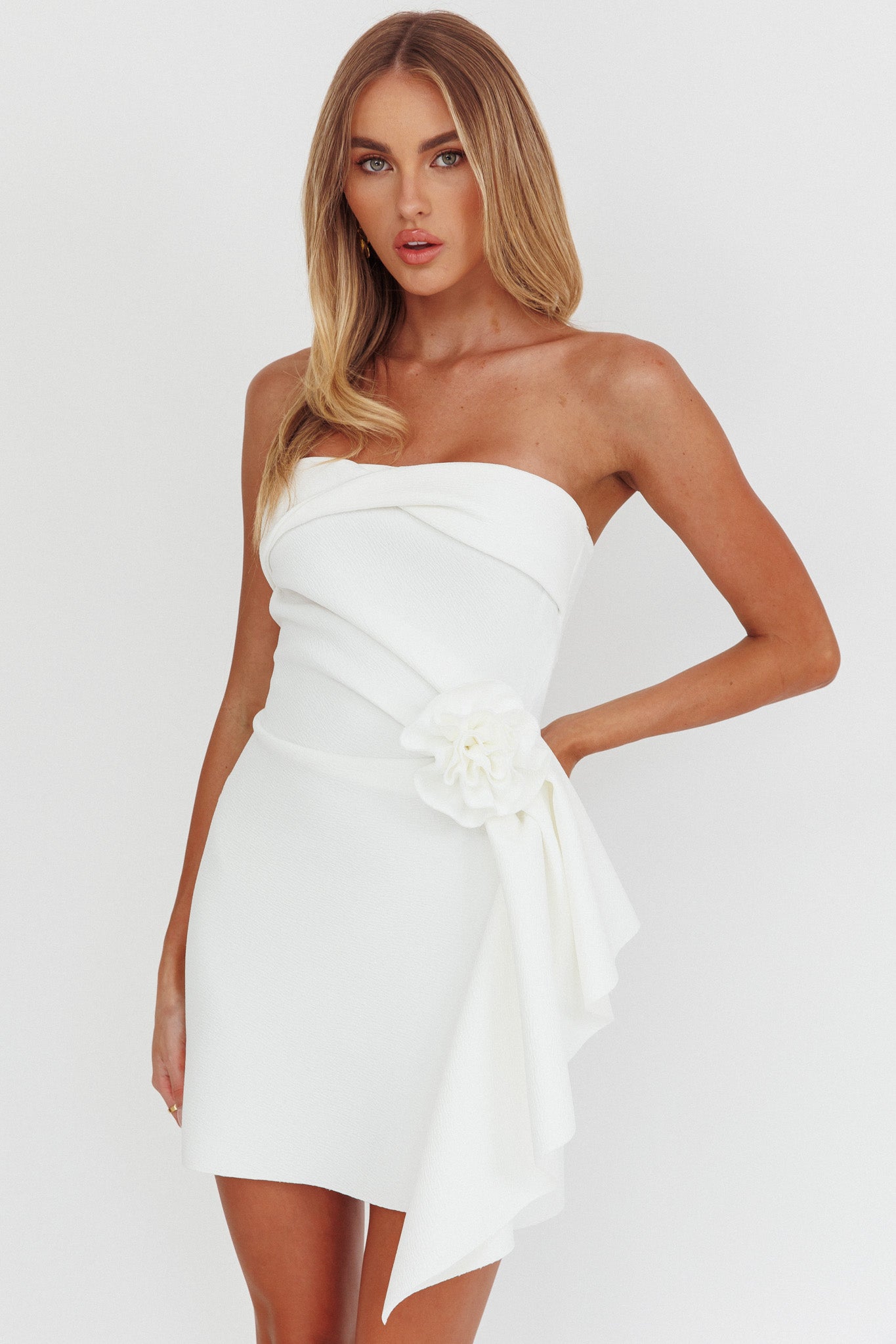 Sasha Cascade Ruffle Rosette Mini Dress White-Maymioy
