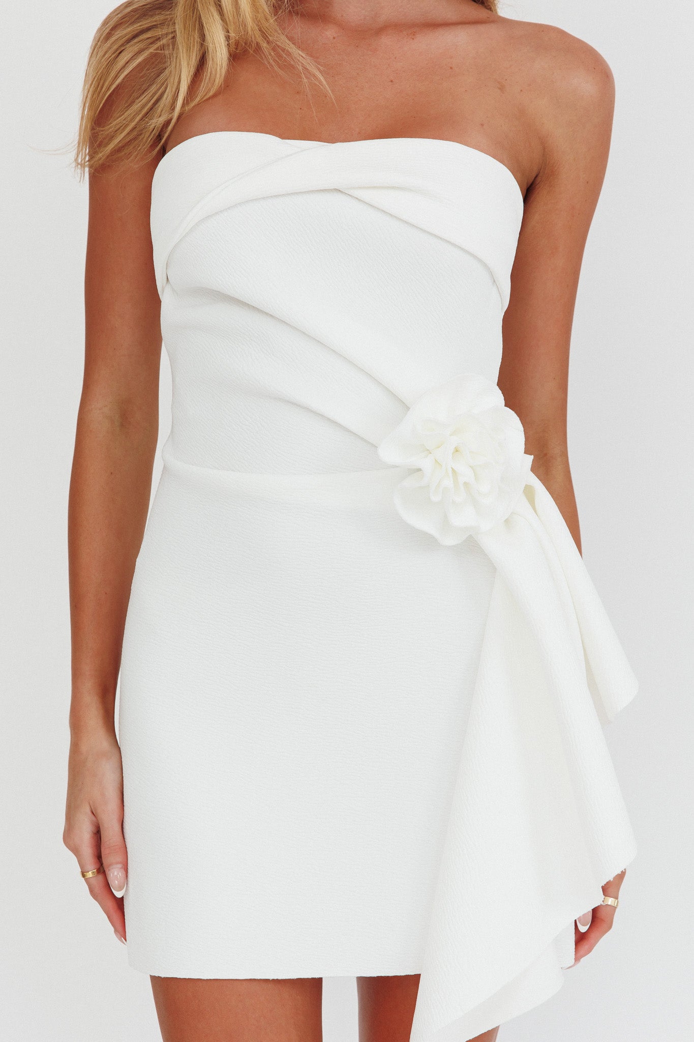 Sasha Cascade Ruffle Rosette Mini Dress White-Maymioy