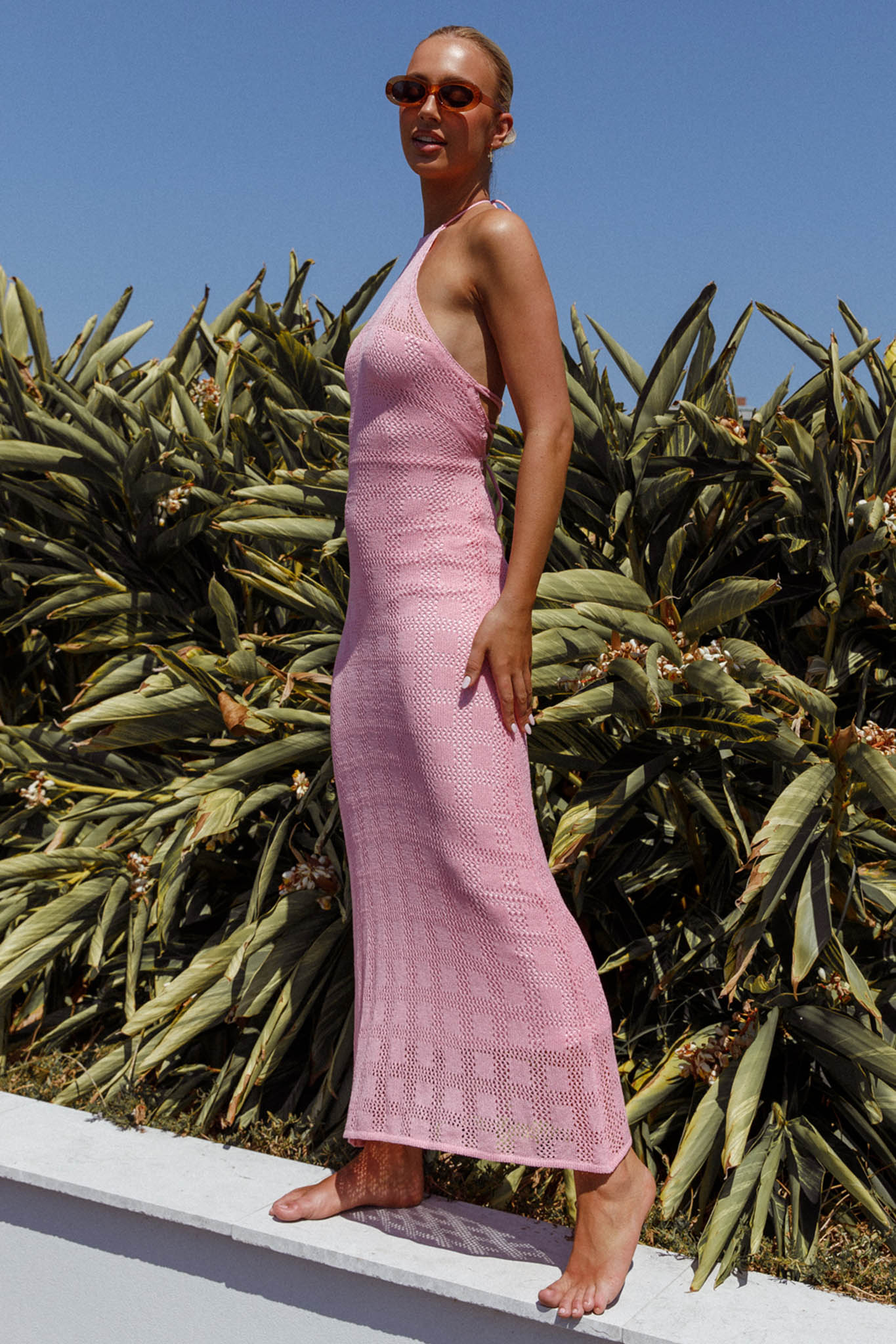 Bermuda Shores Crochet Maxi Dress Pink-Maymioy