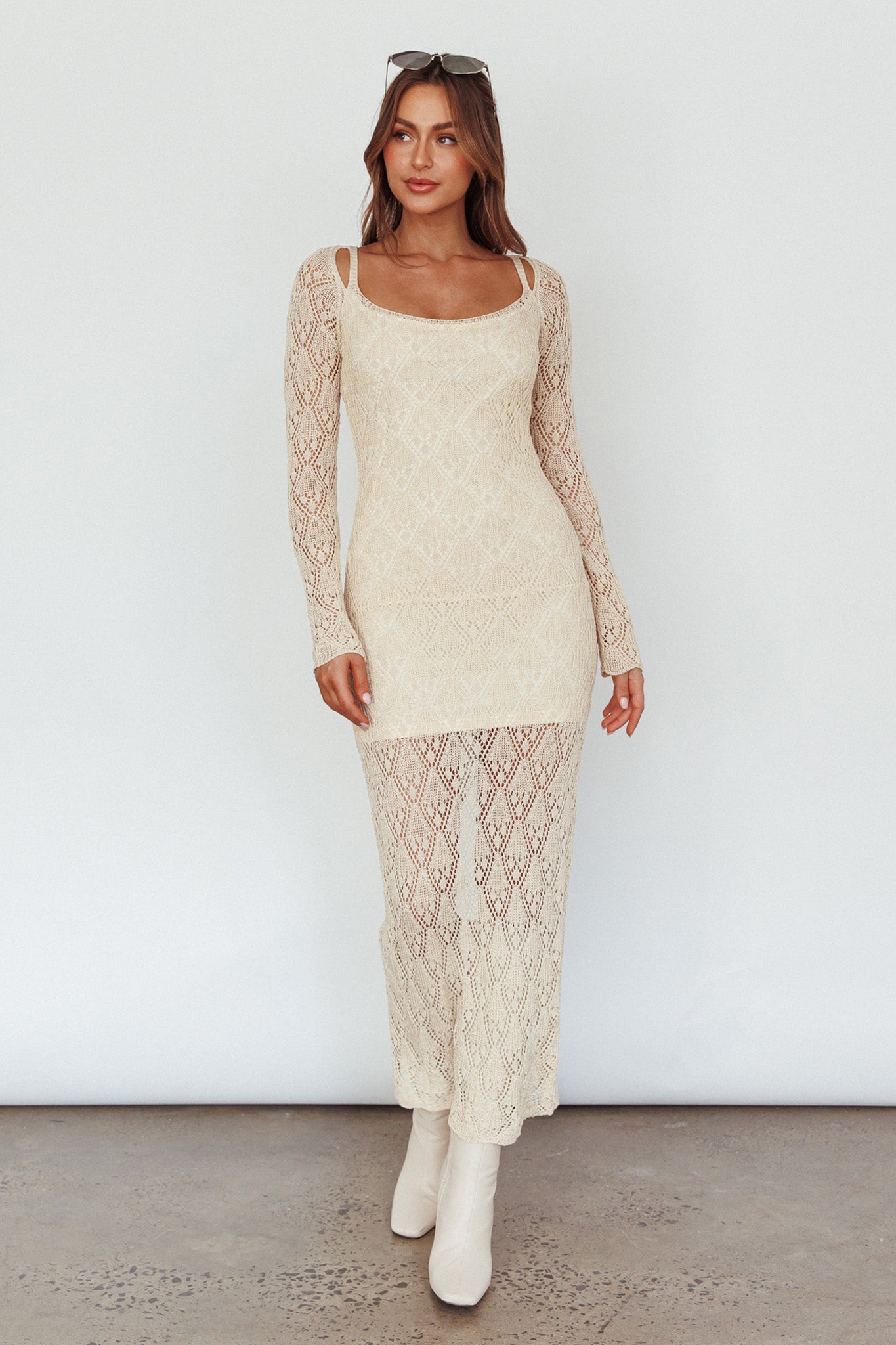 Happy Place Long Sleeve Crochet Midi Dress Beige-Maymioy