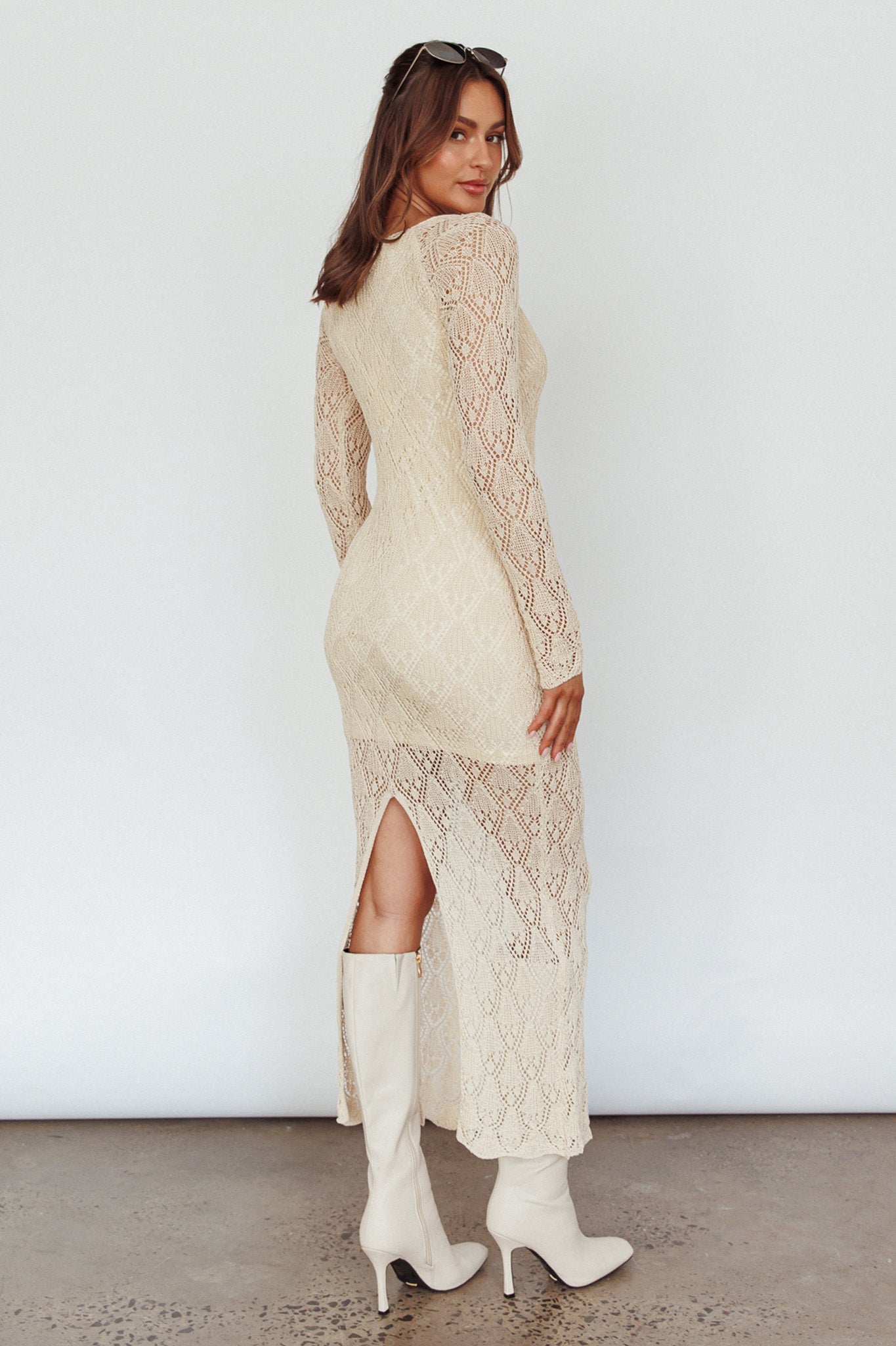 Happy Place Long Sleeve Crochet Midi Dress Beige-Maymioy