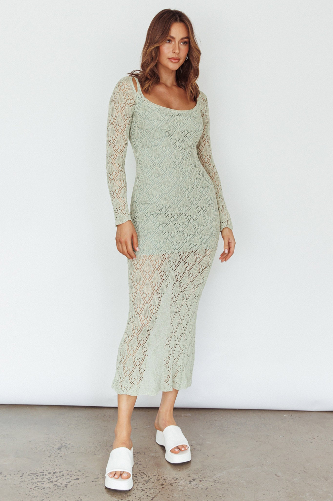 Happy Place Long Sleeve Crochet Midi Dress Sage-Maymioy