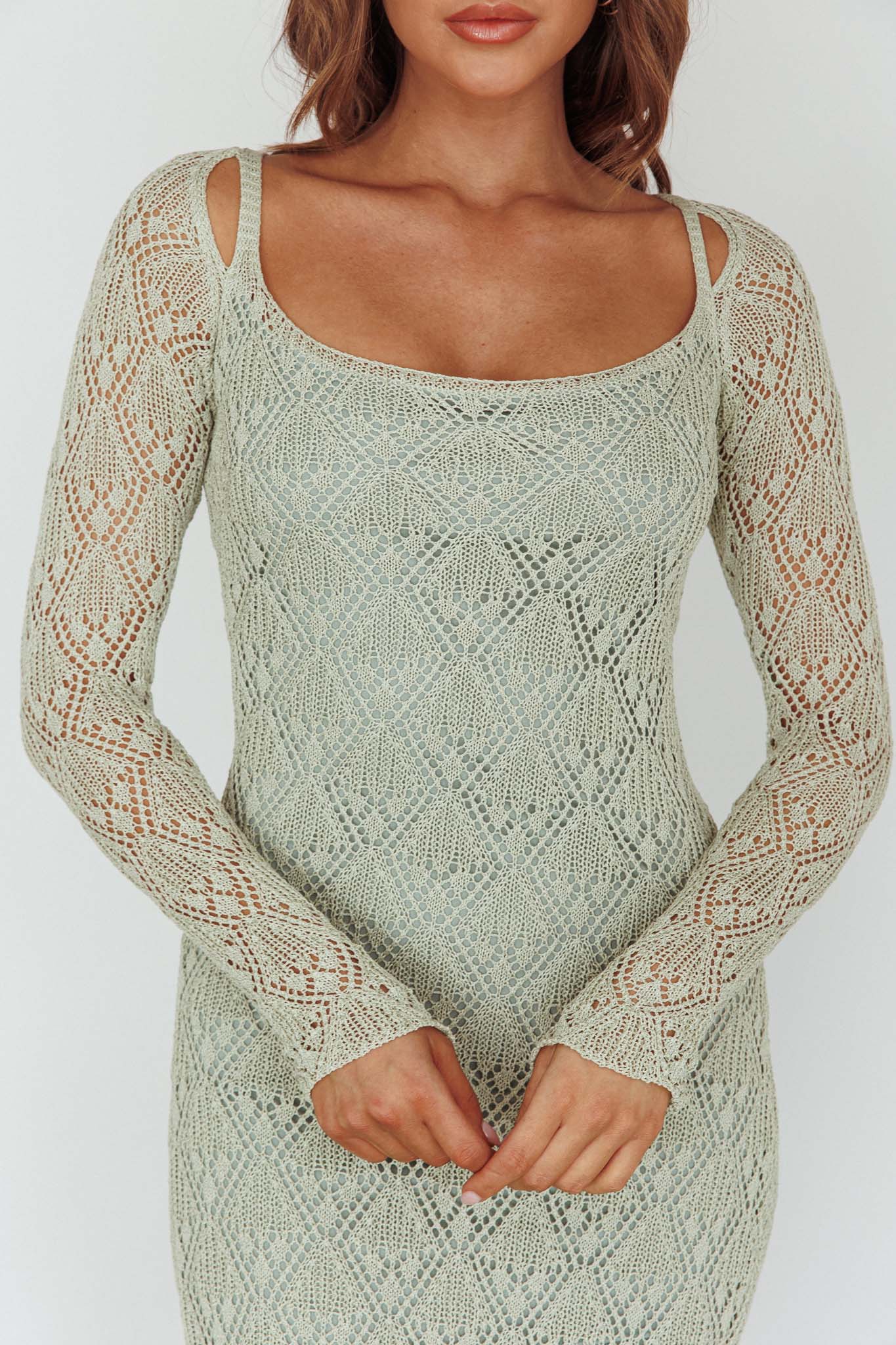 Happy Place Long Sleeve Crochet Midi Dress Sage-Maymioy