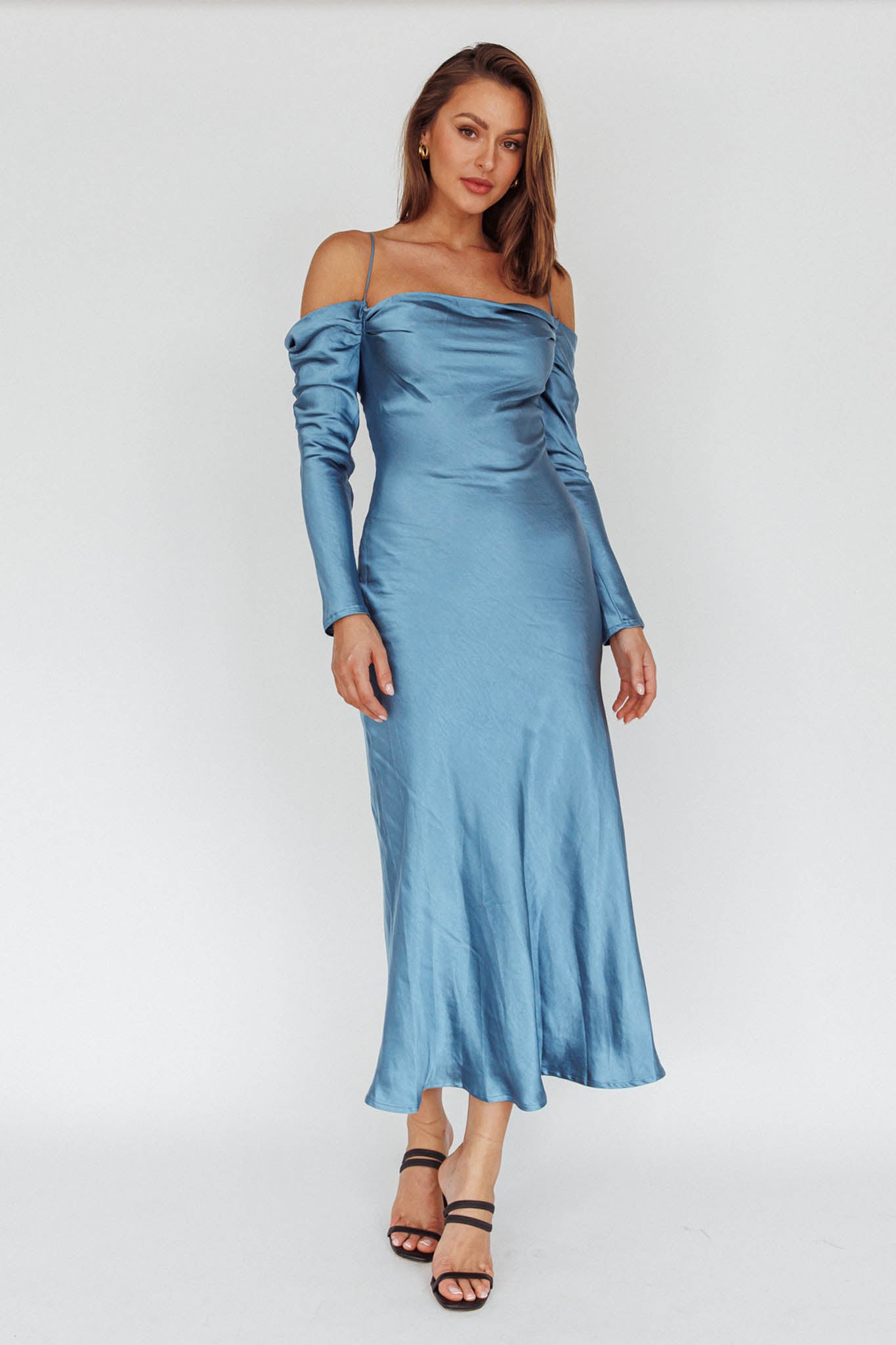 Ellory Long Sleeve Off-Shoulder Dress Blue-Maymioy