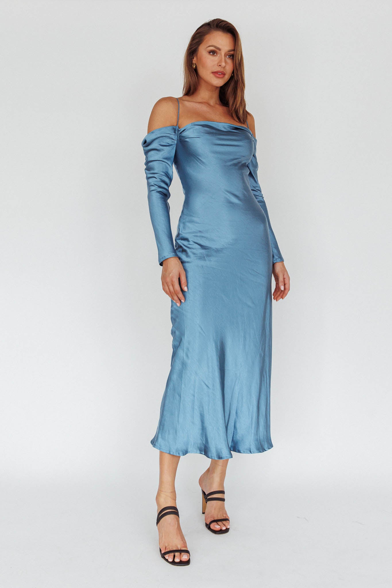 Ellory Long Sleeve Off-Shoulder Dress Blue-Maymioy