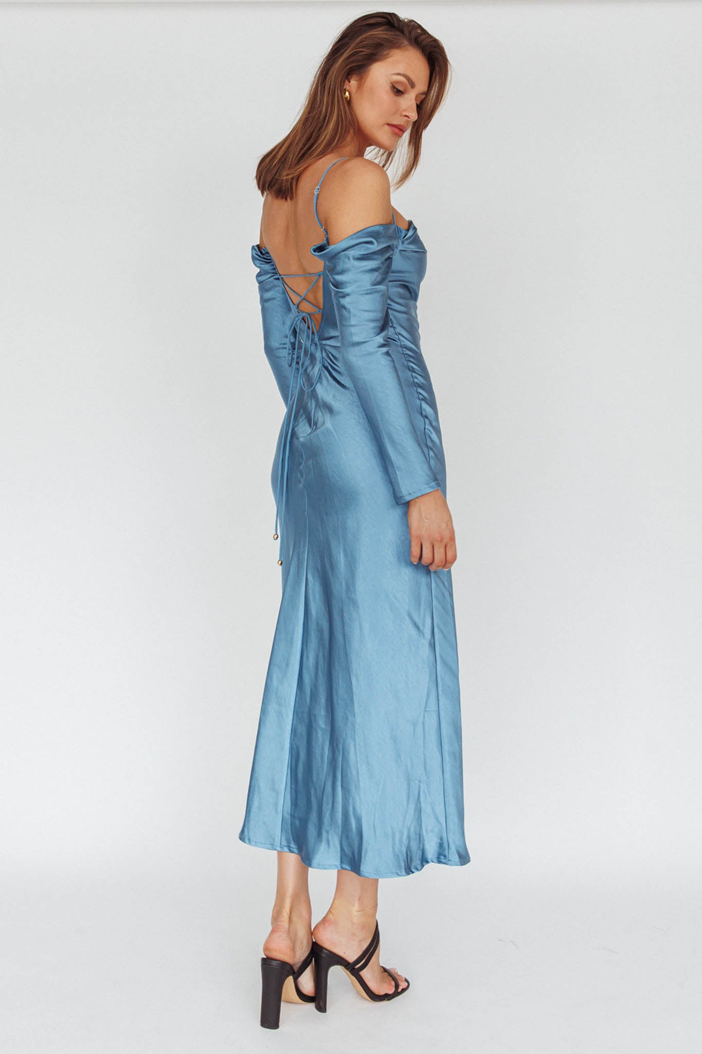 Ellory Long Sleeve Off-Shoulder Dress Blue-Maymioy