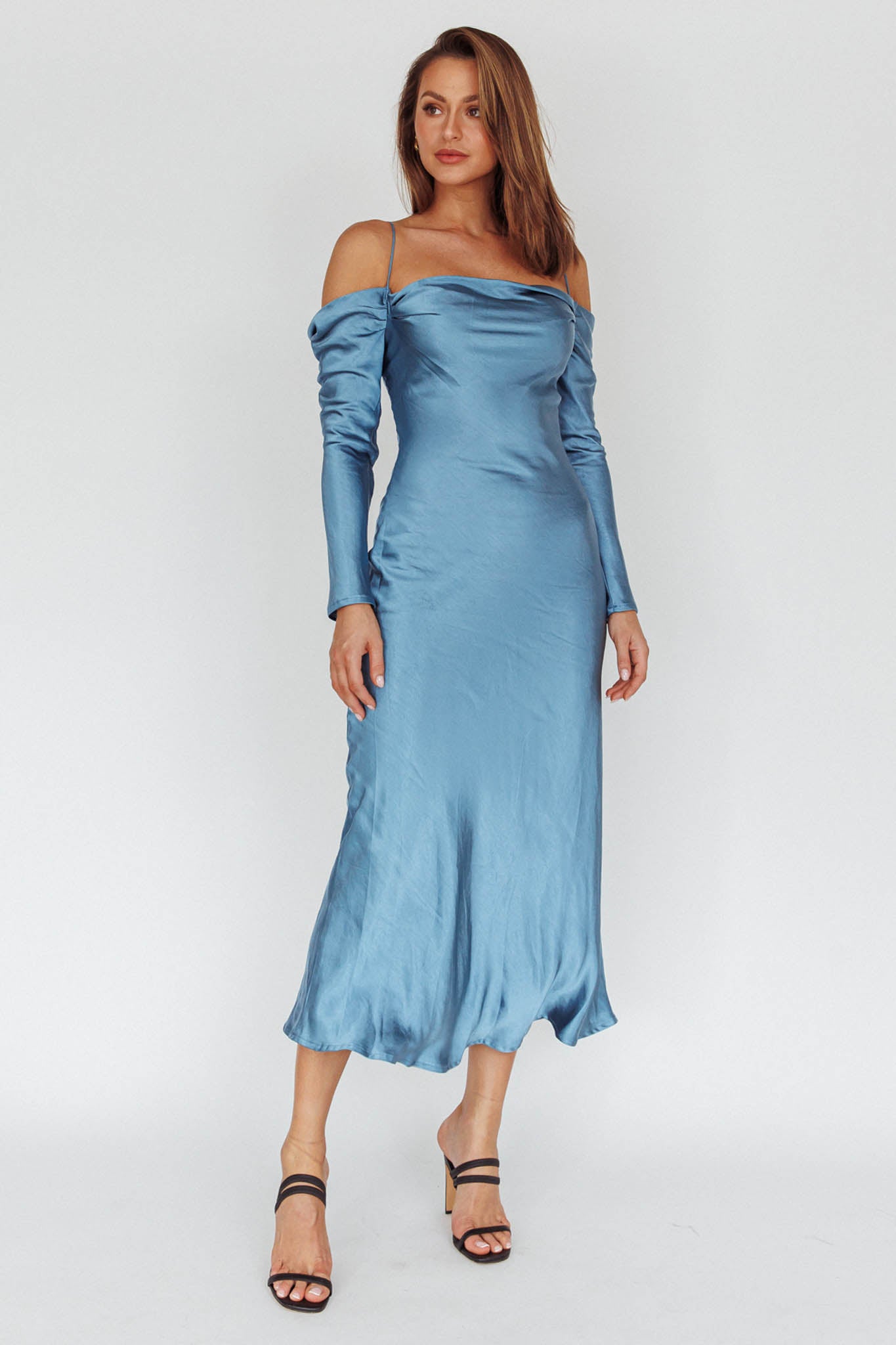 Ellory Long Sleeve Off-Shoulder Dress Blue-Maymioy