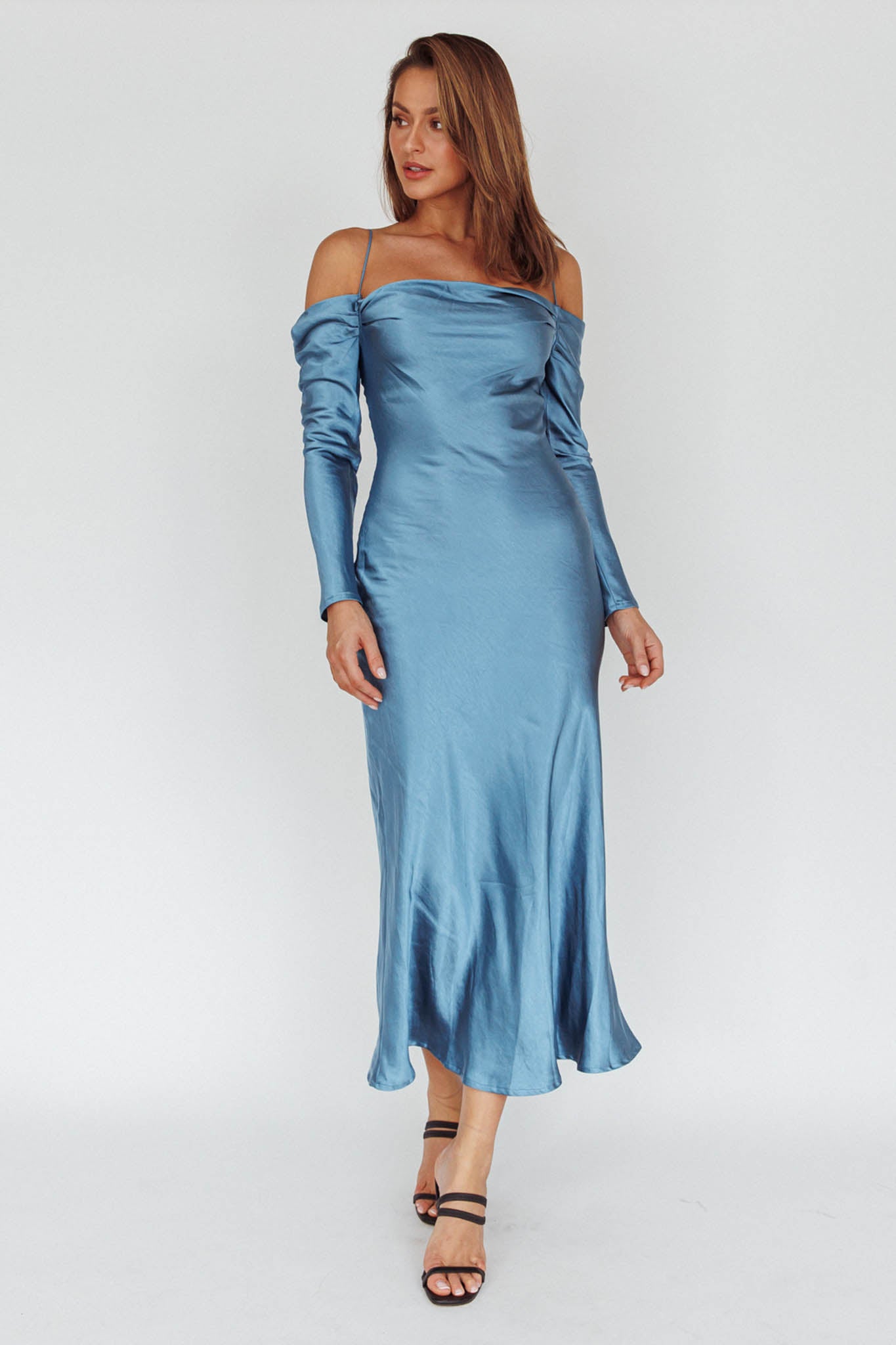 Ellory Long Sleeve Off-Shoulder Dress Blue-Maymioy