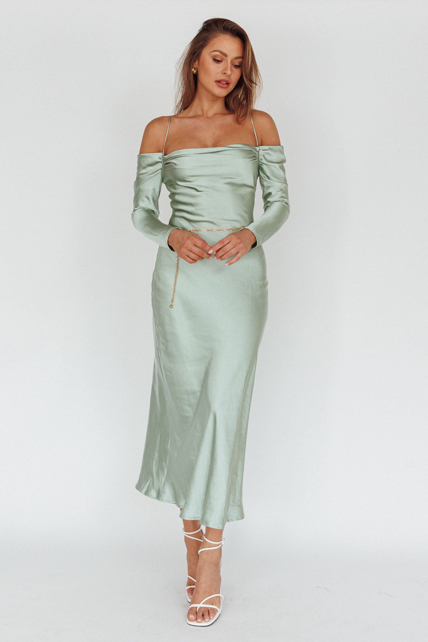 Ellory Long Sleeve Off-Shoulder Dress Sage-Maymioy