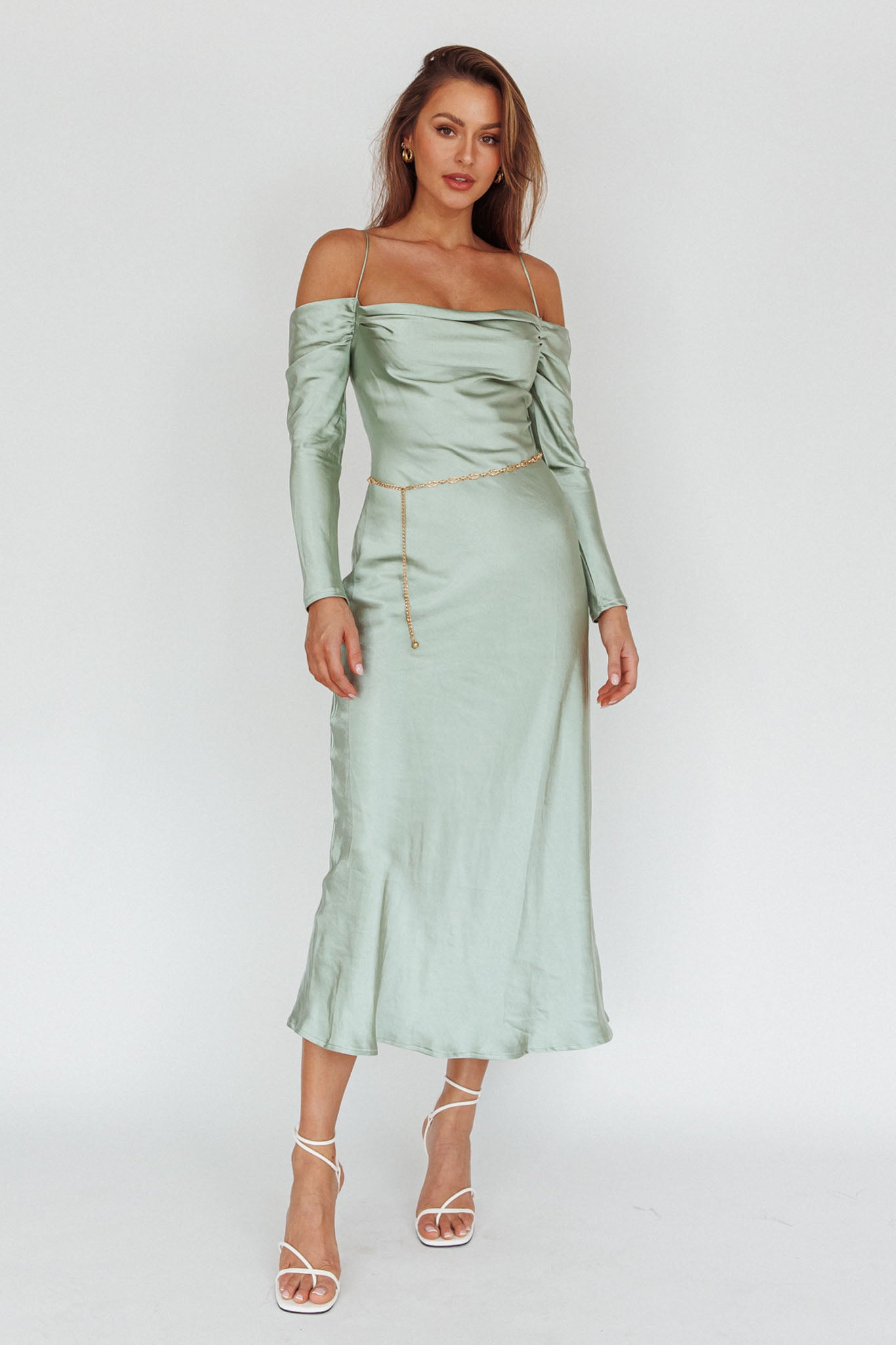 Ellory Long Sleeve Off-Shoulder Dress Sage-Maymioy