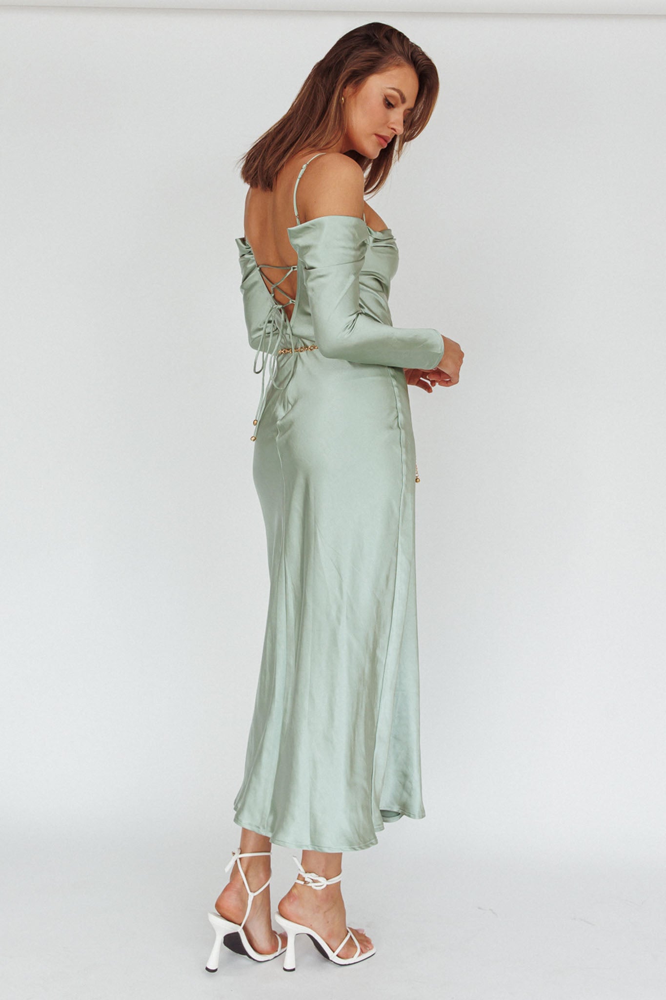 Ellory Long Sleeve Off-Shoulder Dress Sage-Maymioy