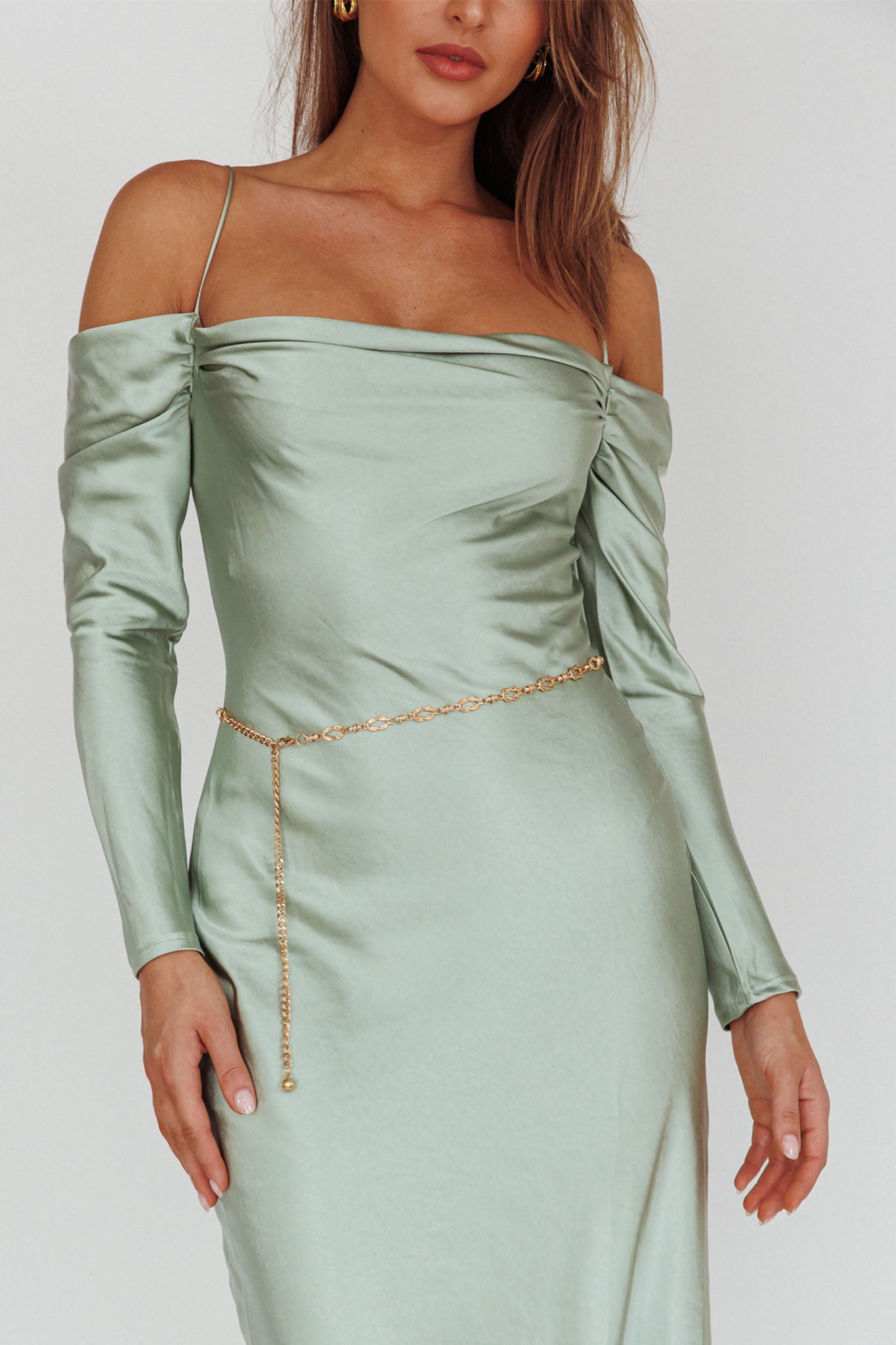 Ellory Long Sleeve Off-Shoulder Dress Sage-Maymioy