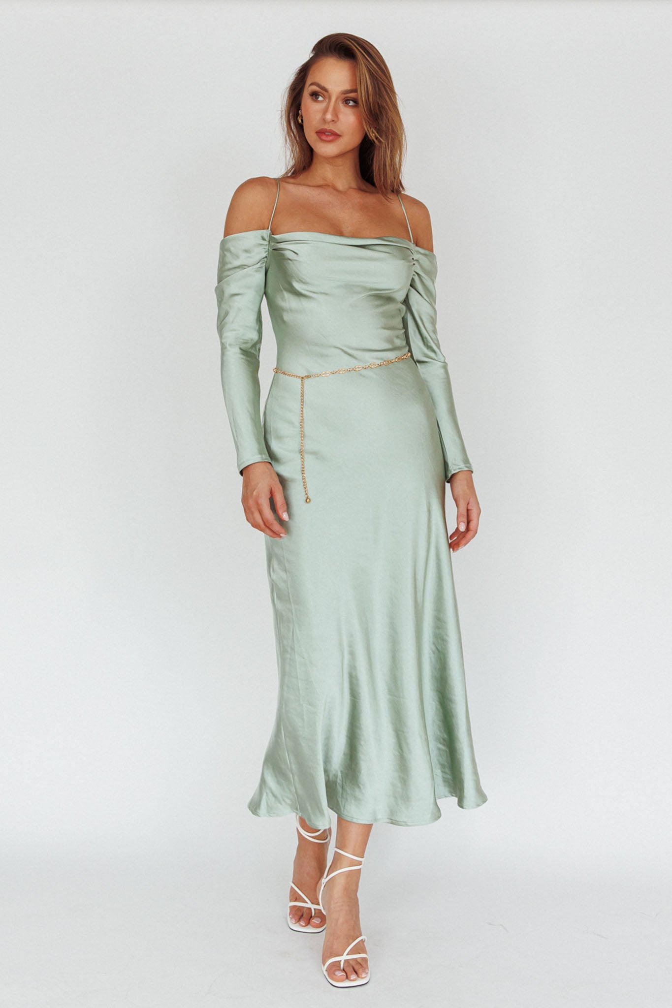 Ellory Long Sleeve Off-Shoulder Dress Sage-Maymioy