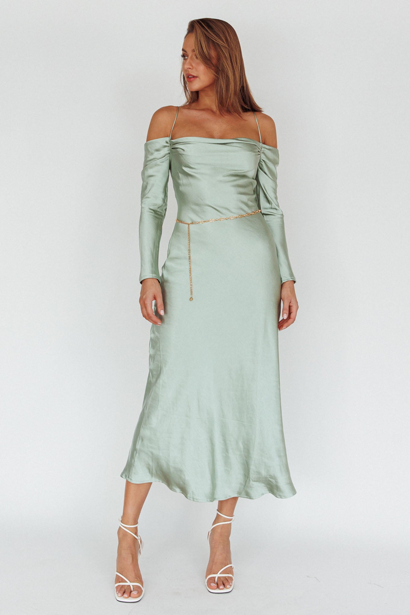 Ellory Long Sleeve Off-Shoulder Dress Sage-Maymioy