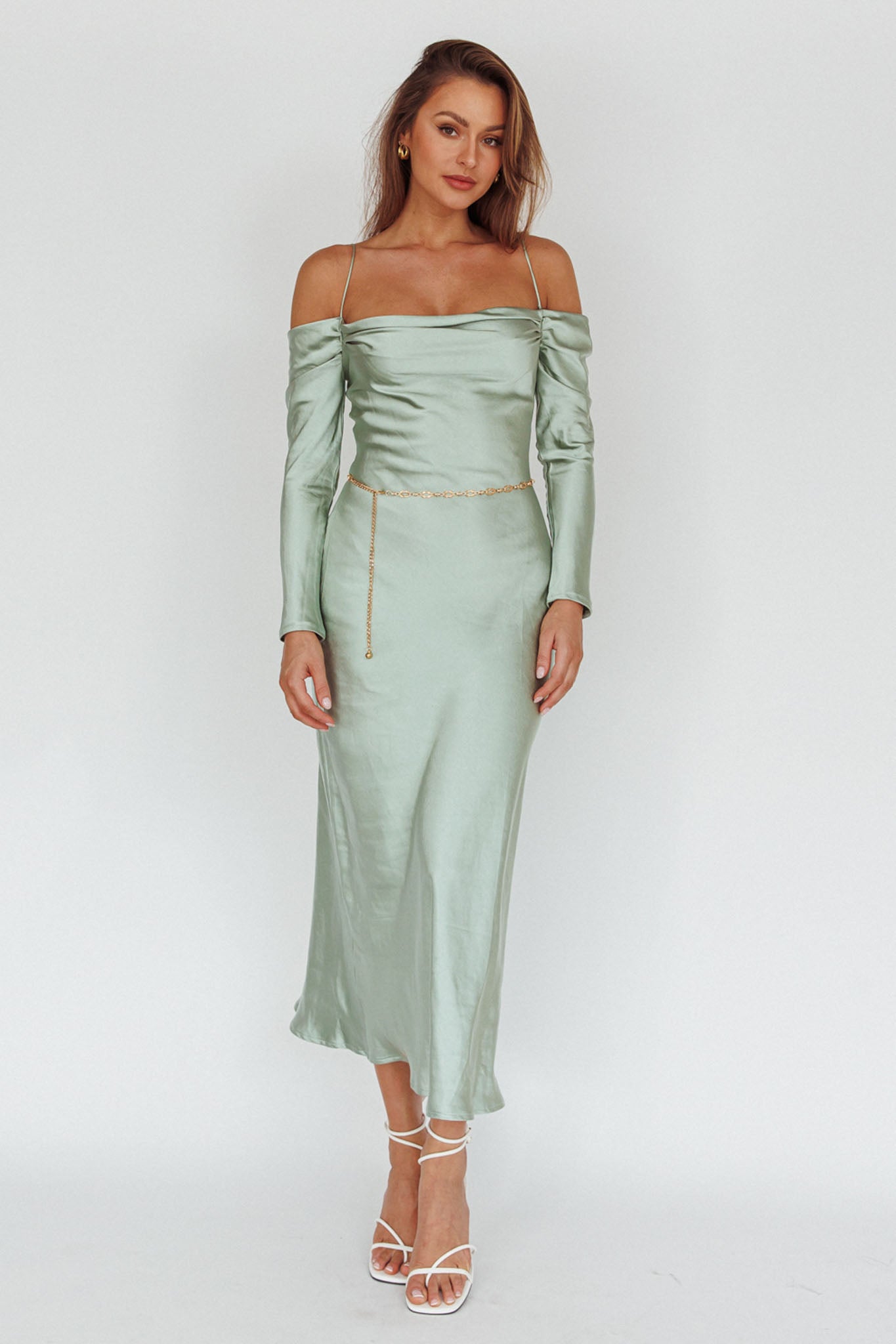 Ellory Long Sleeve Off-Shoulder Dress Sage-Maymioy