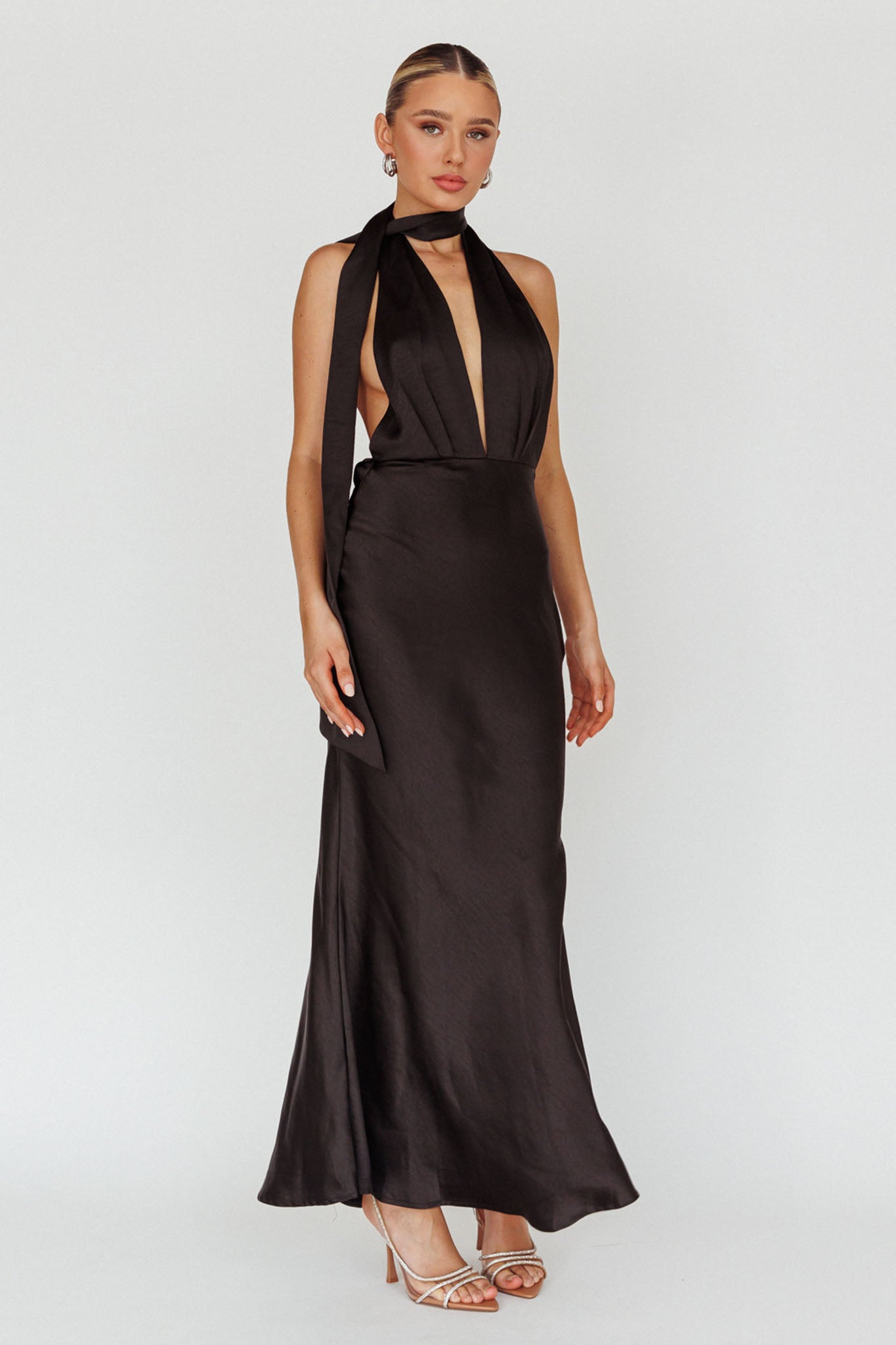 Italia Azure Halterneck Maxi Dress Black-Maymioy