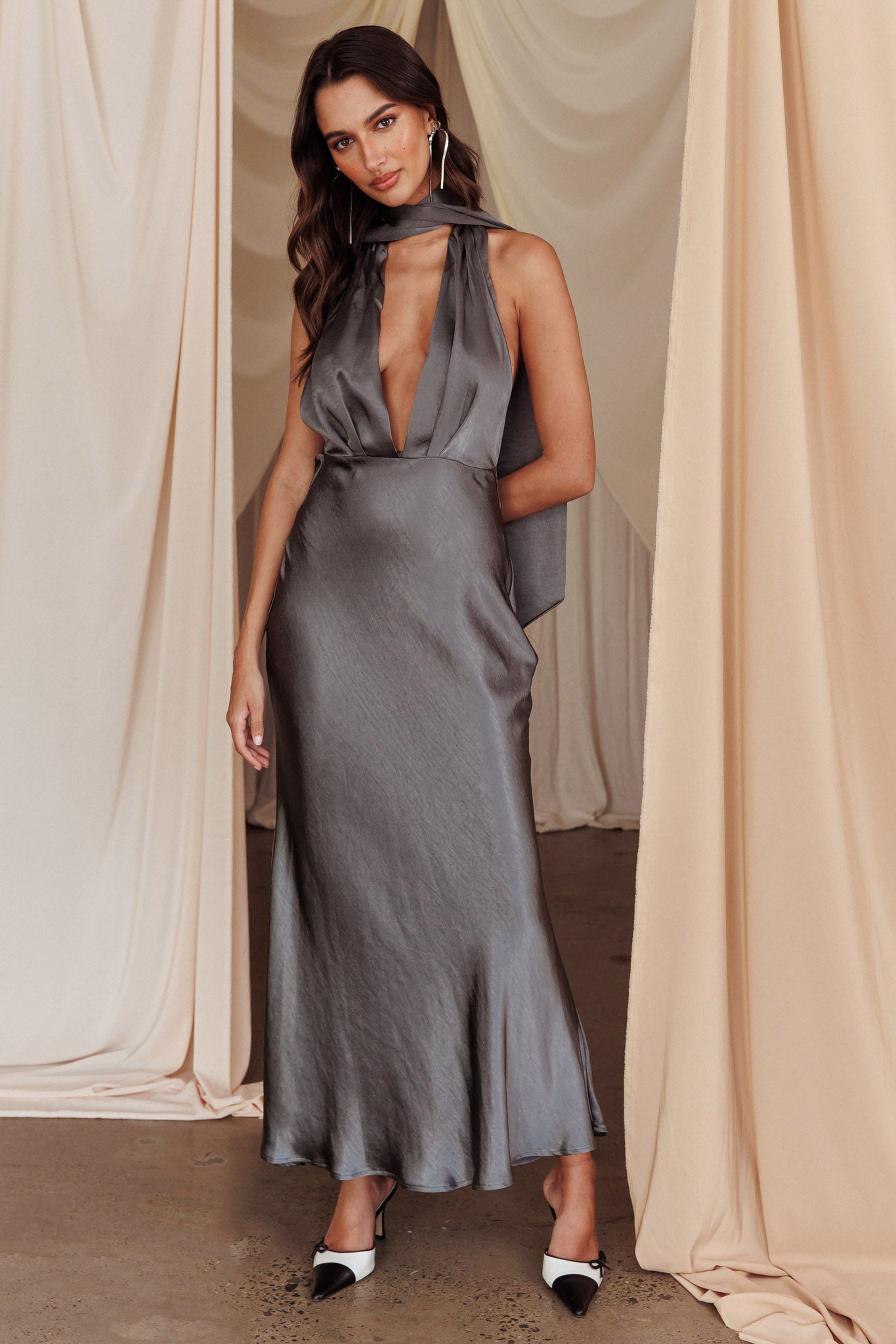 Italia Azure Halterneck Maxi Dress Charcoal-Maymioy