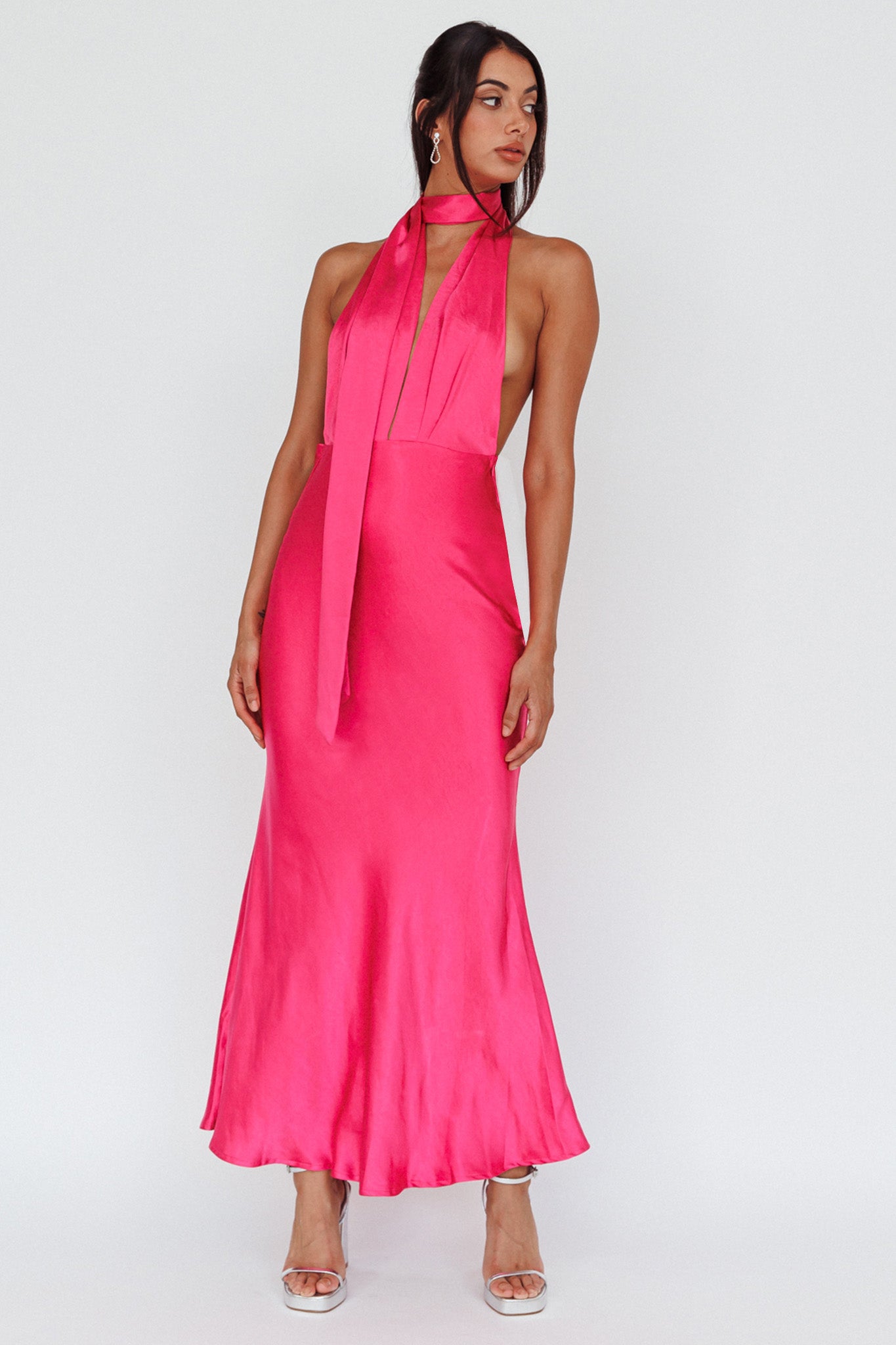 Italia Azure Halterneck Maxi Dress Hot Pink-Maymioy