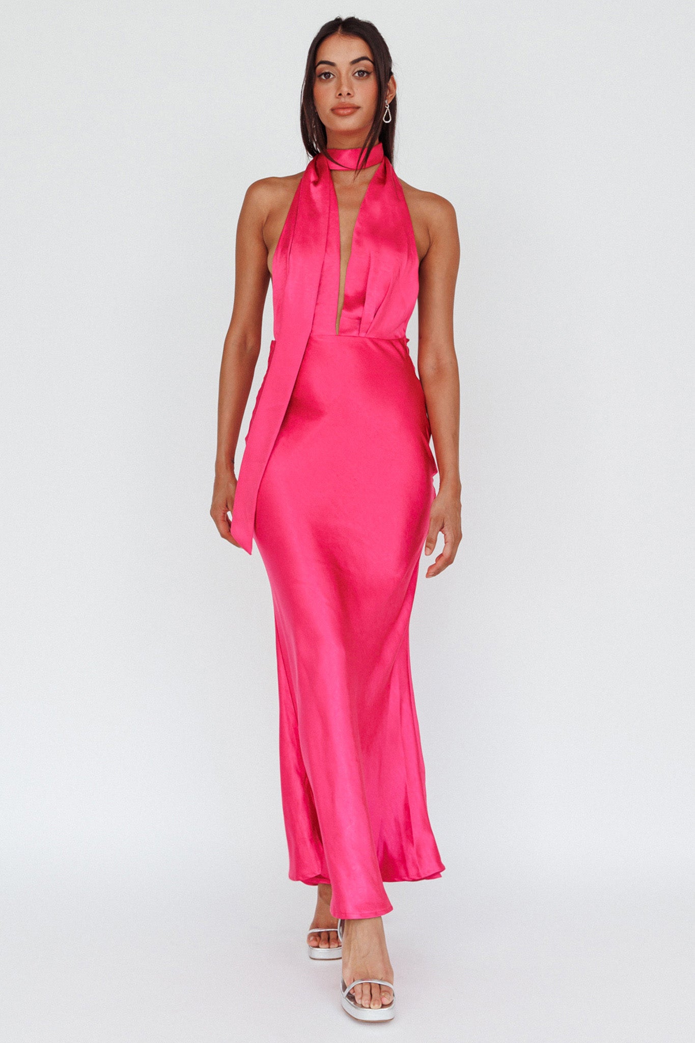 Italia Azure Halterneck Maxi Dress Hot Pink-Maymioy