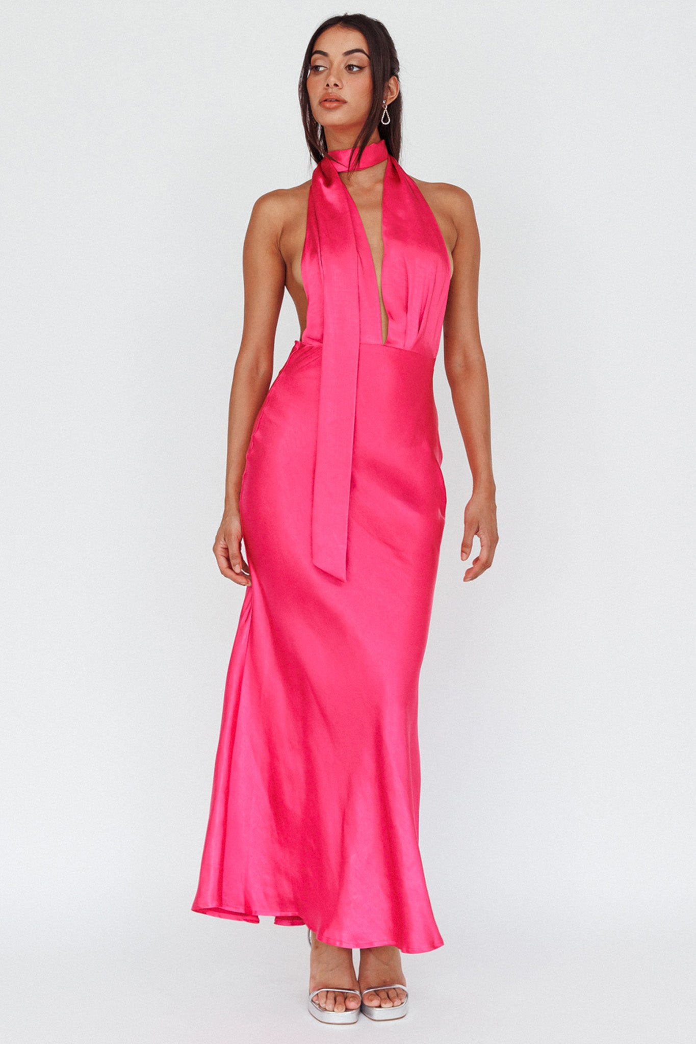 Italia Azure Halterneck Maxi Dress Hot Pink-Maymioy