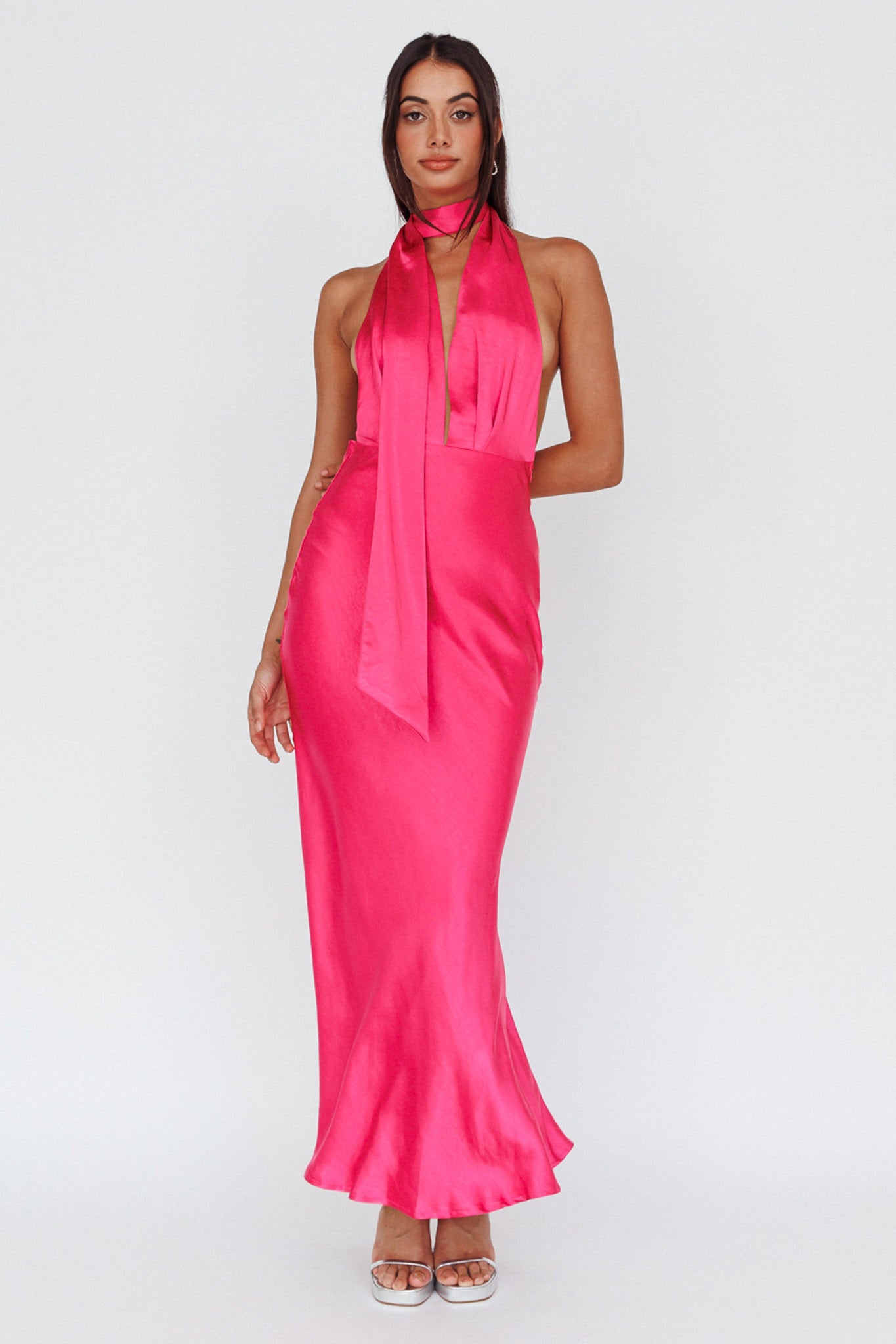 Italia Azure Halterneck Maxi Dress Hot Pink-Maymioy