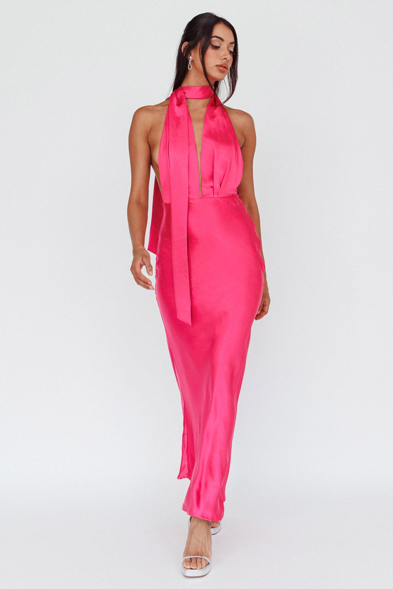 Italia Azure Halterneck Maxi Dress Hot Pink-Maymioy