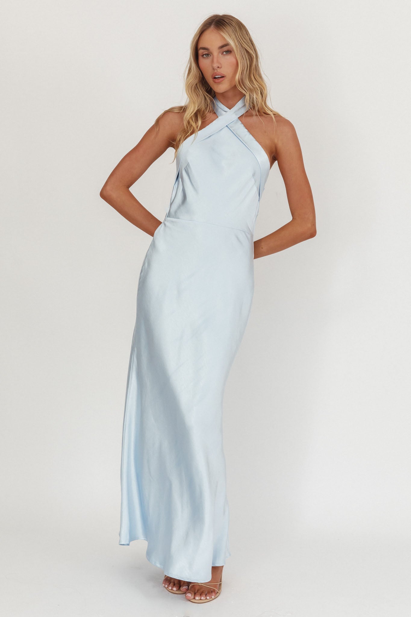 Italia Azure Crossover Halterneck Maxi Dress Ice Blue-Maymioy