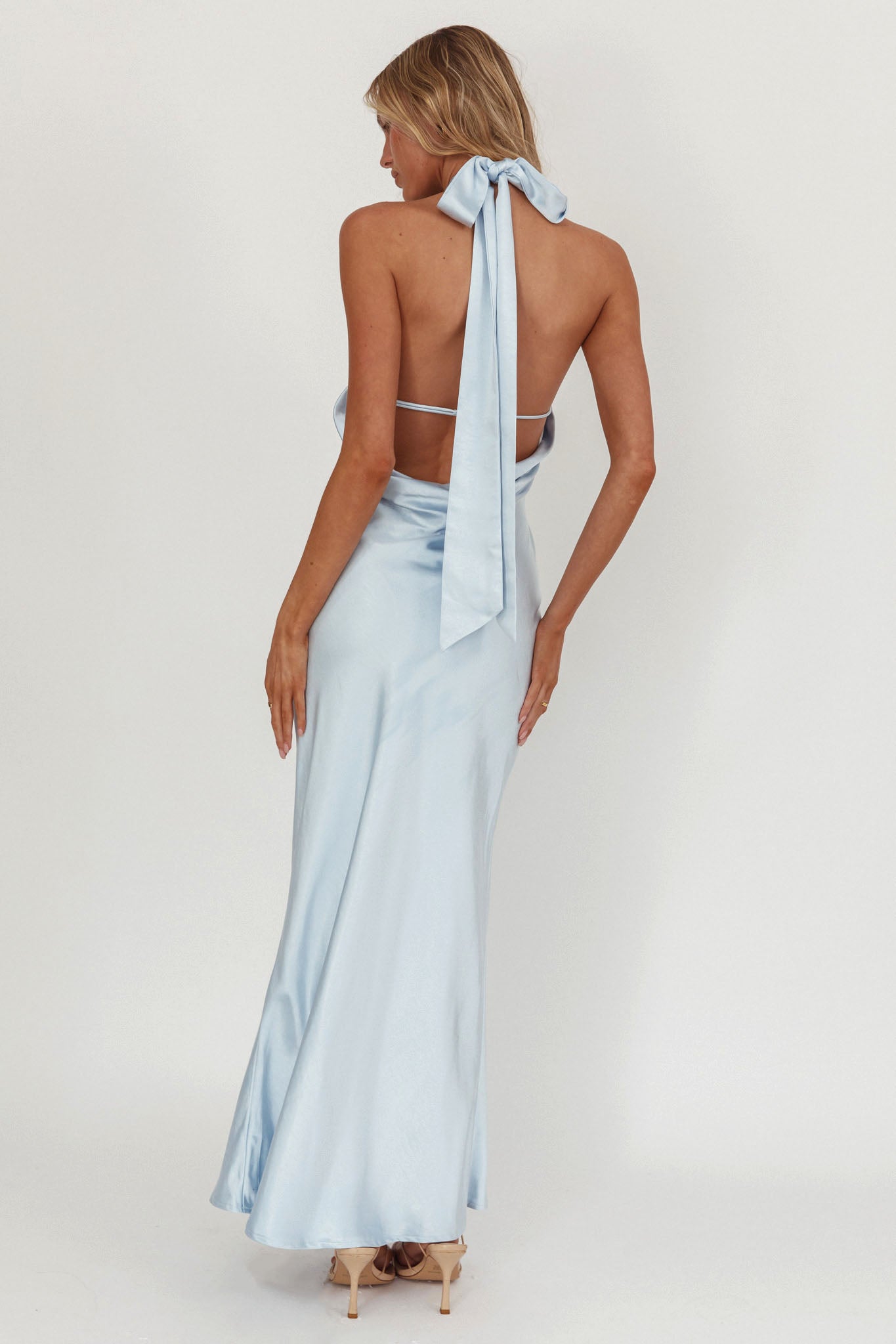 Italia Azure Crossover Halterneck Maxi Dress Ice Blue-Maymioy