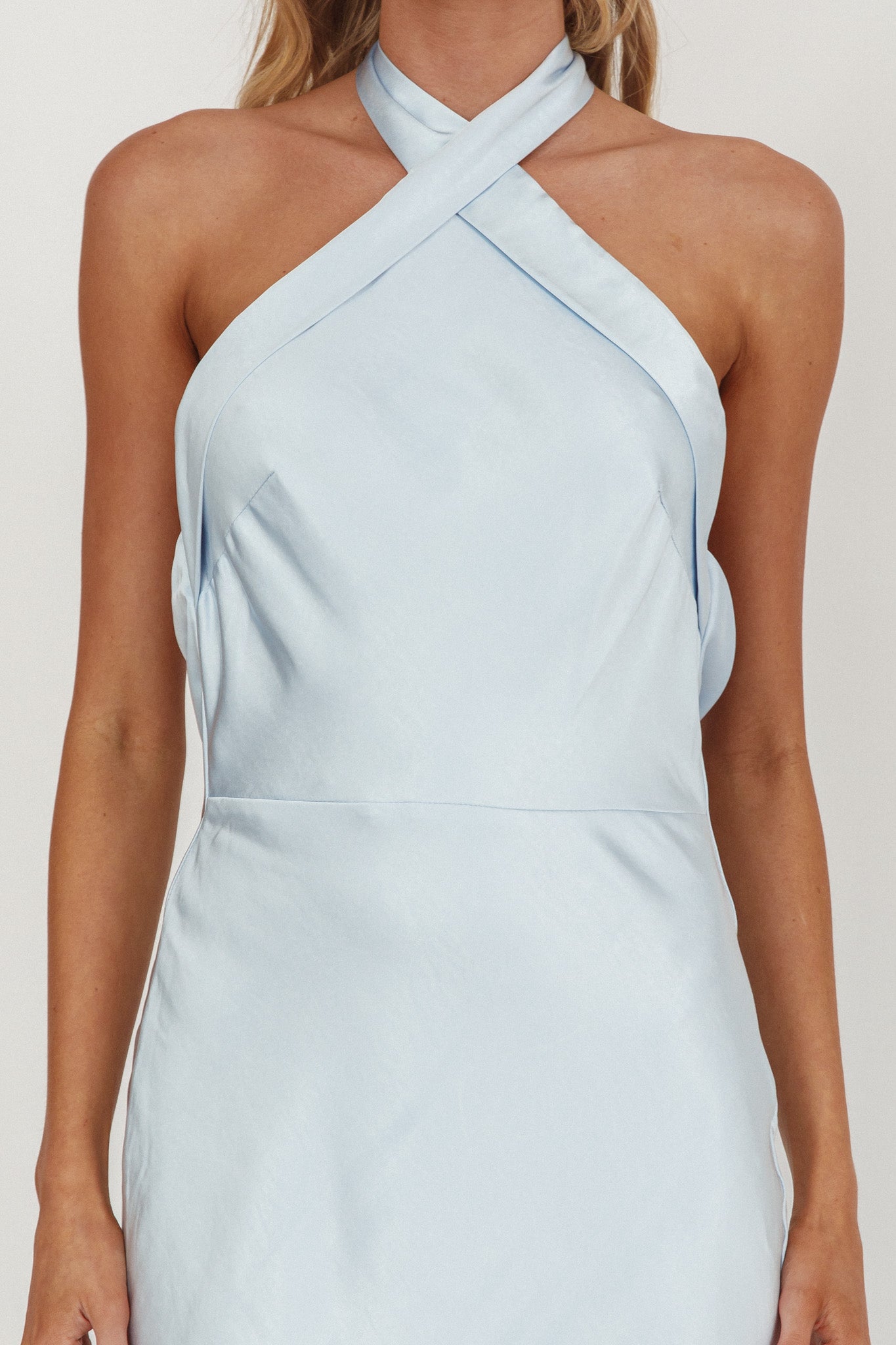 Italia Azure Crossover Halterneck Maxi Dress Ice Blue-Maymioy